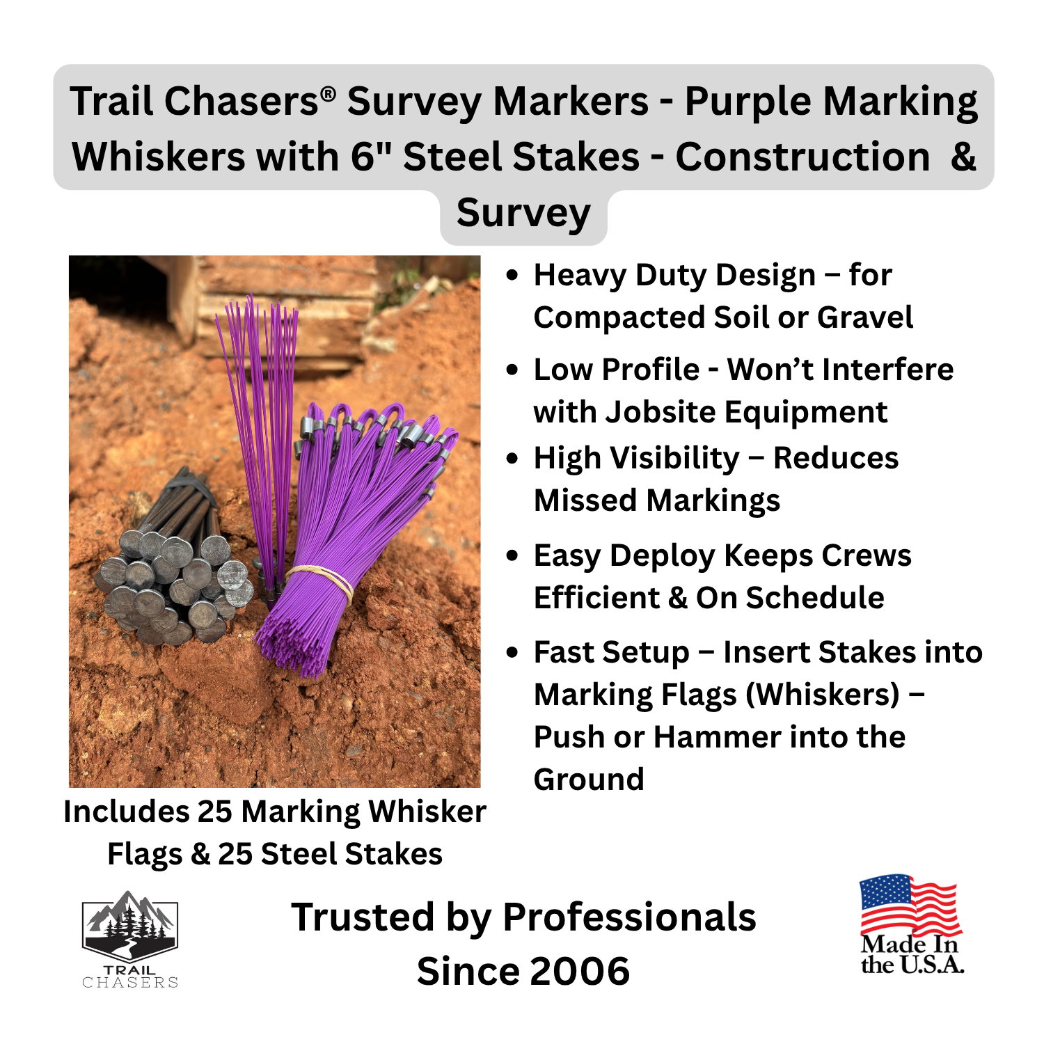 Trail Chasers Survey Markers – Purple Marking Whiskers with Steel Stakes for Construction & Survey.png