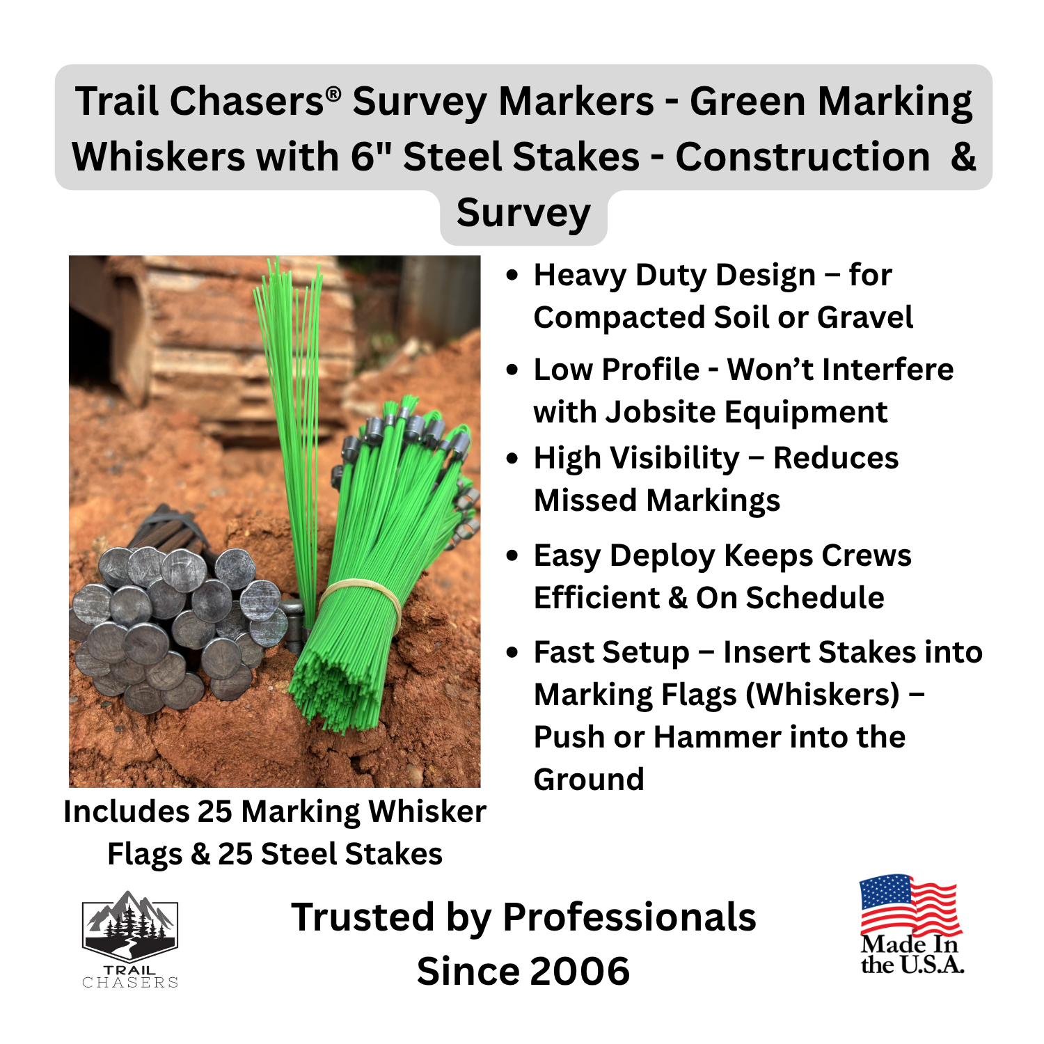 Trail Chasers Survey Markers – Green Marking Whiskers with Steel Stakes for Construction & Survey.png