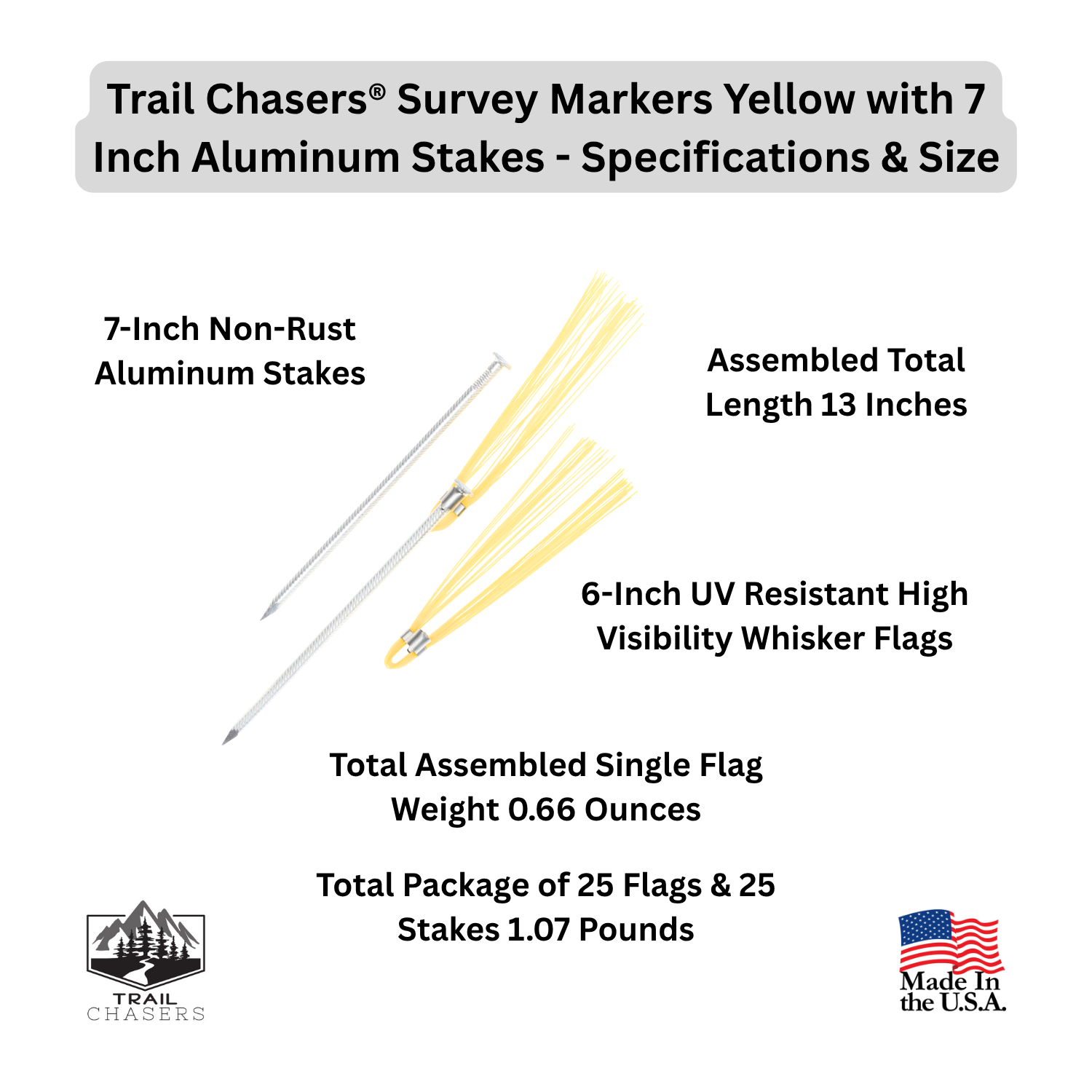 Trail Chasers Survey Markers Yellow with 7 Aluminum Stakes - Specifications & Size.png