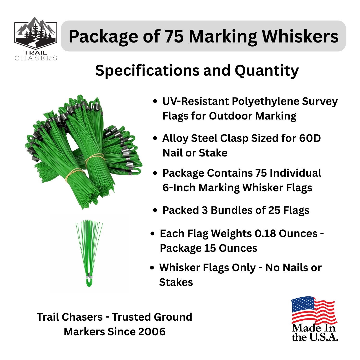 Trail Chasers Green 75 Count Marking Whiskers - Specifications and Quantity.png