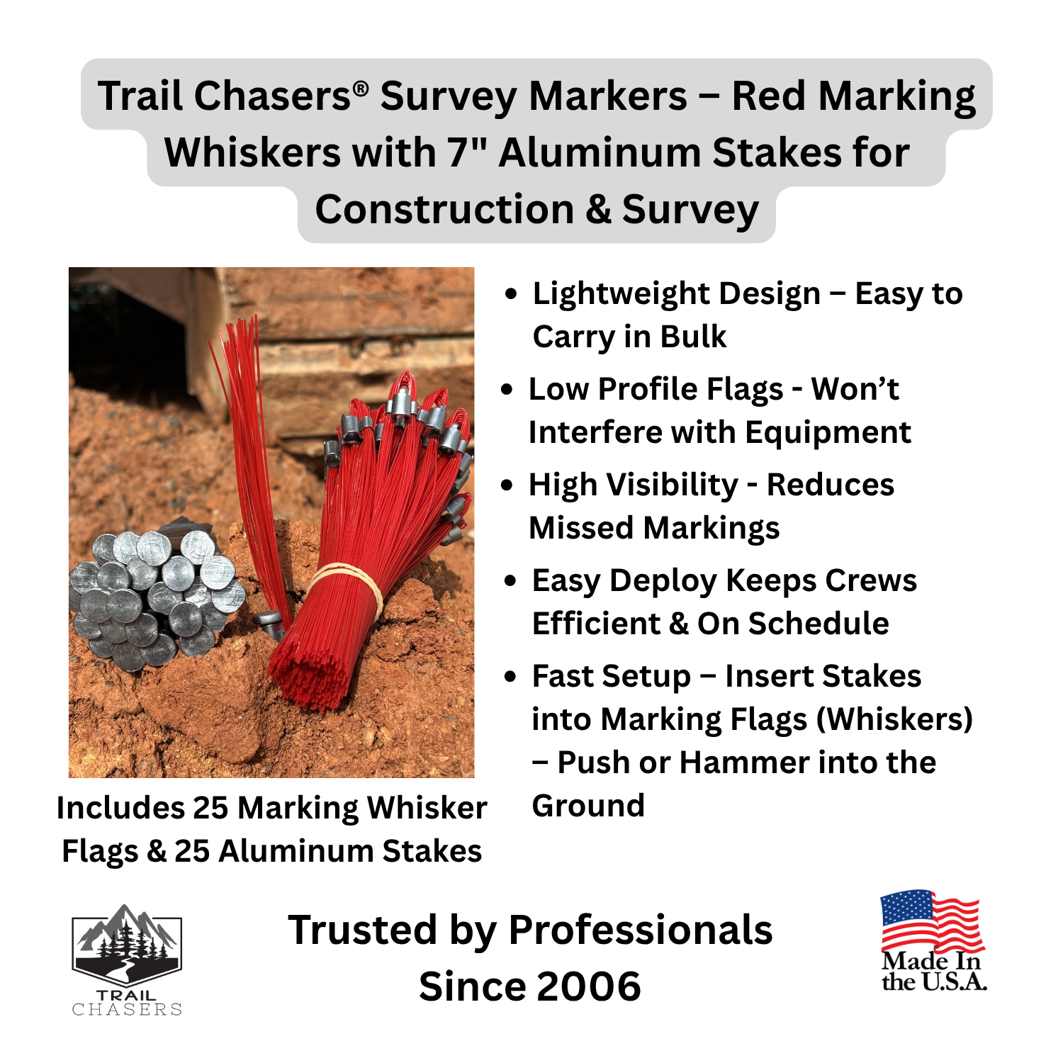 Trail Chasers Survey Markers - Red Marking Whiskers with Aluminum Stakes for Construction & Survey.png