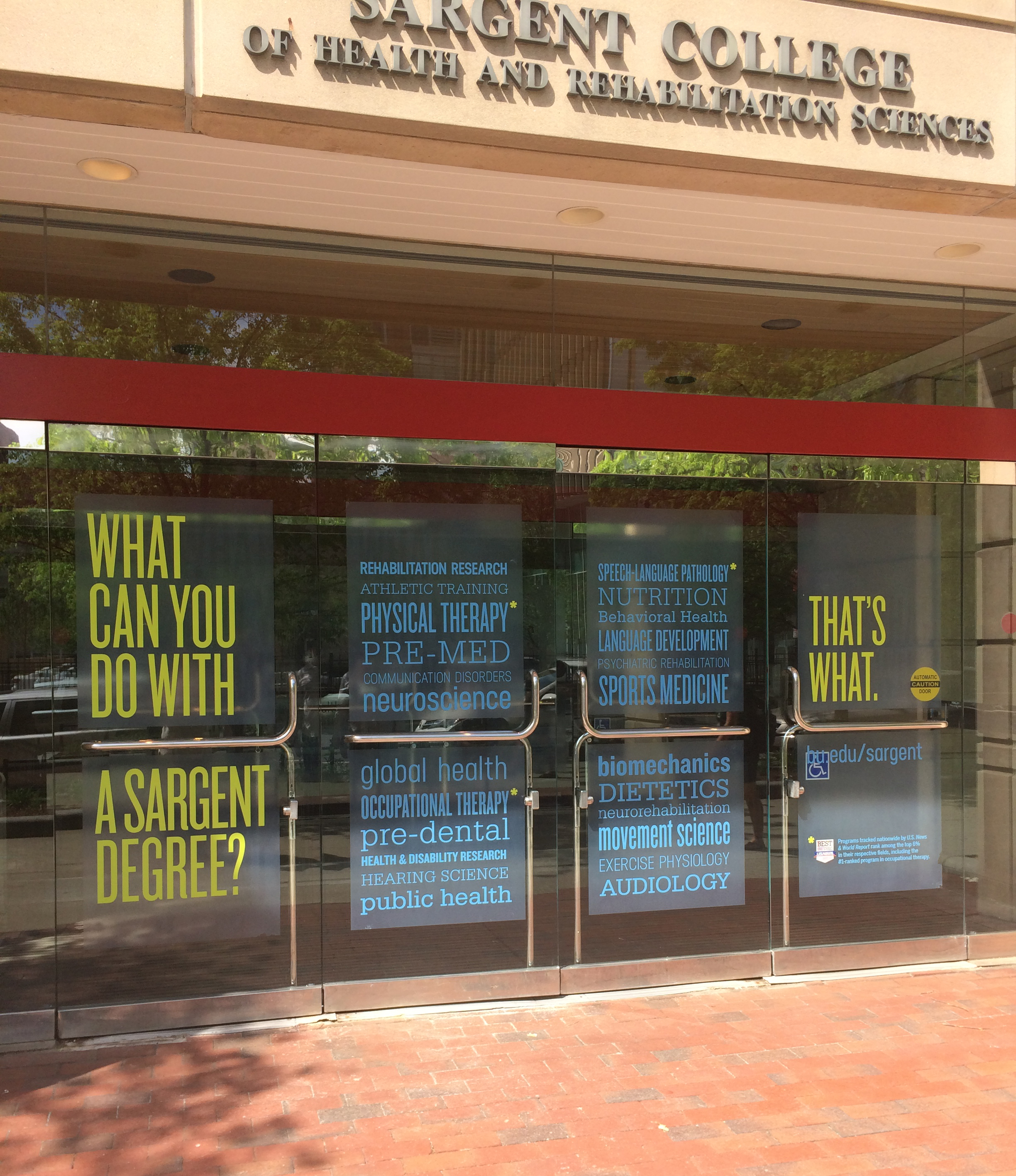  Street-facing window clings at the Boston University College of Health and Rehabilitation Sciences: Sargent College, installed. 