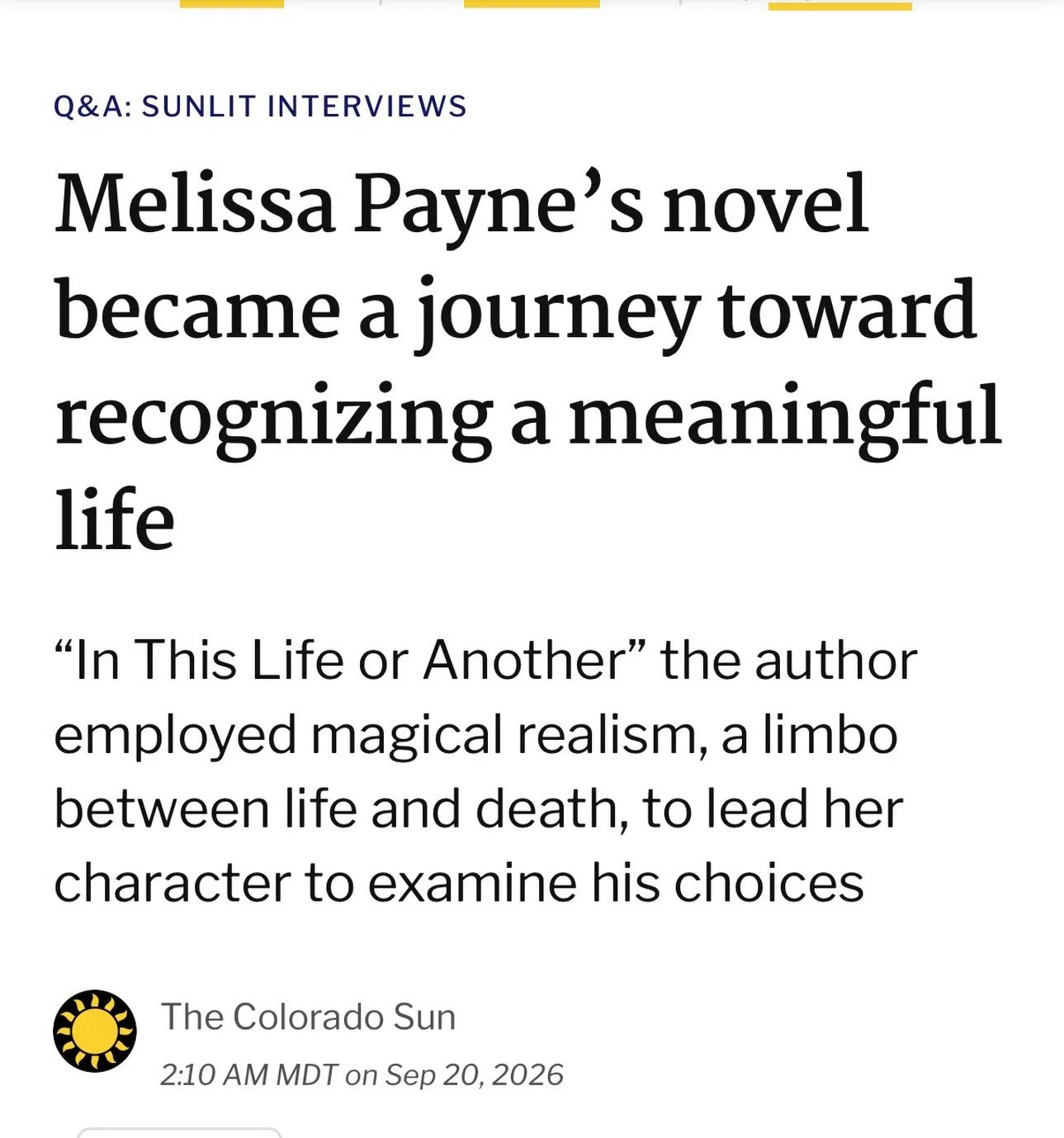 Thank you to @thecoloradosun for a chance to share my journey in writing Rusty&rsquo;s story in my new book, In This Life or Another. ✨📚

[LINK in bio]

&mdash;&mdash;
#inthislifeoranother #coloradoauthor #melissapayneauthor