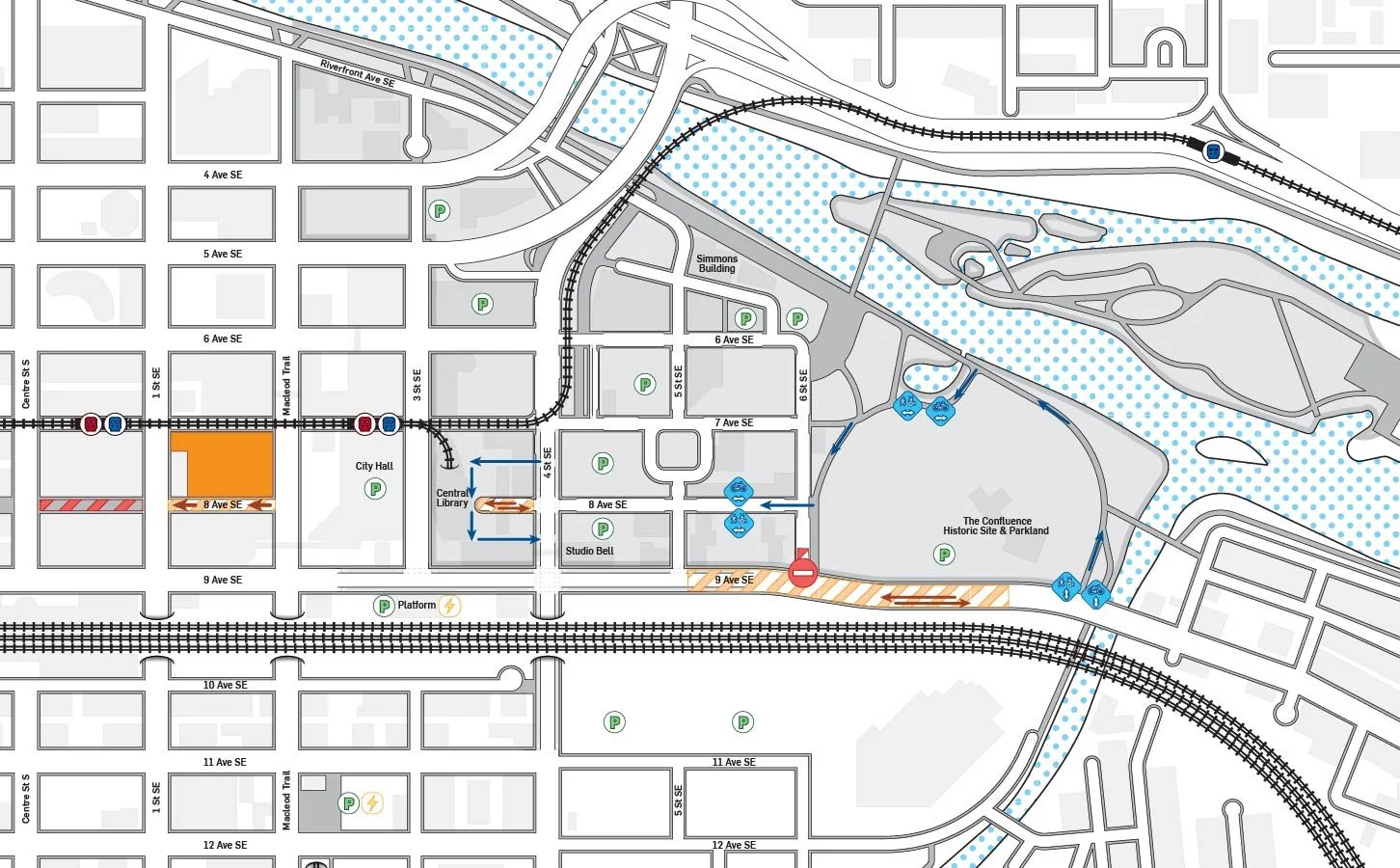 Map of road closures and construction impacts in East Village.