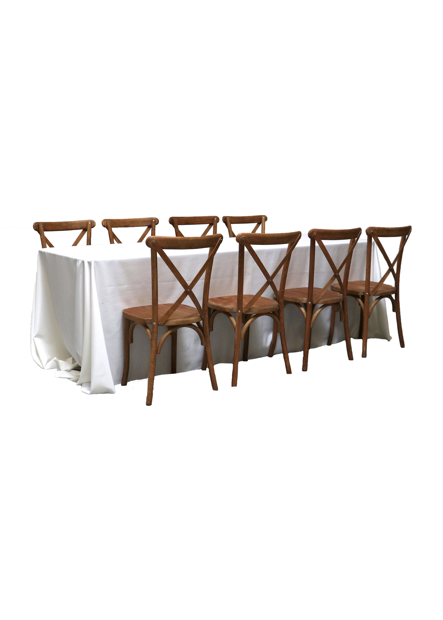 Banquet Table with 8 Honey Brown Cross-Back Chairs