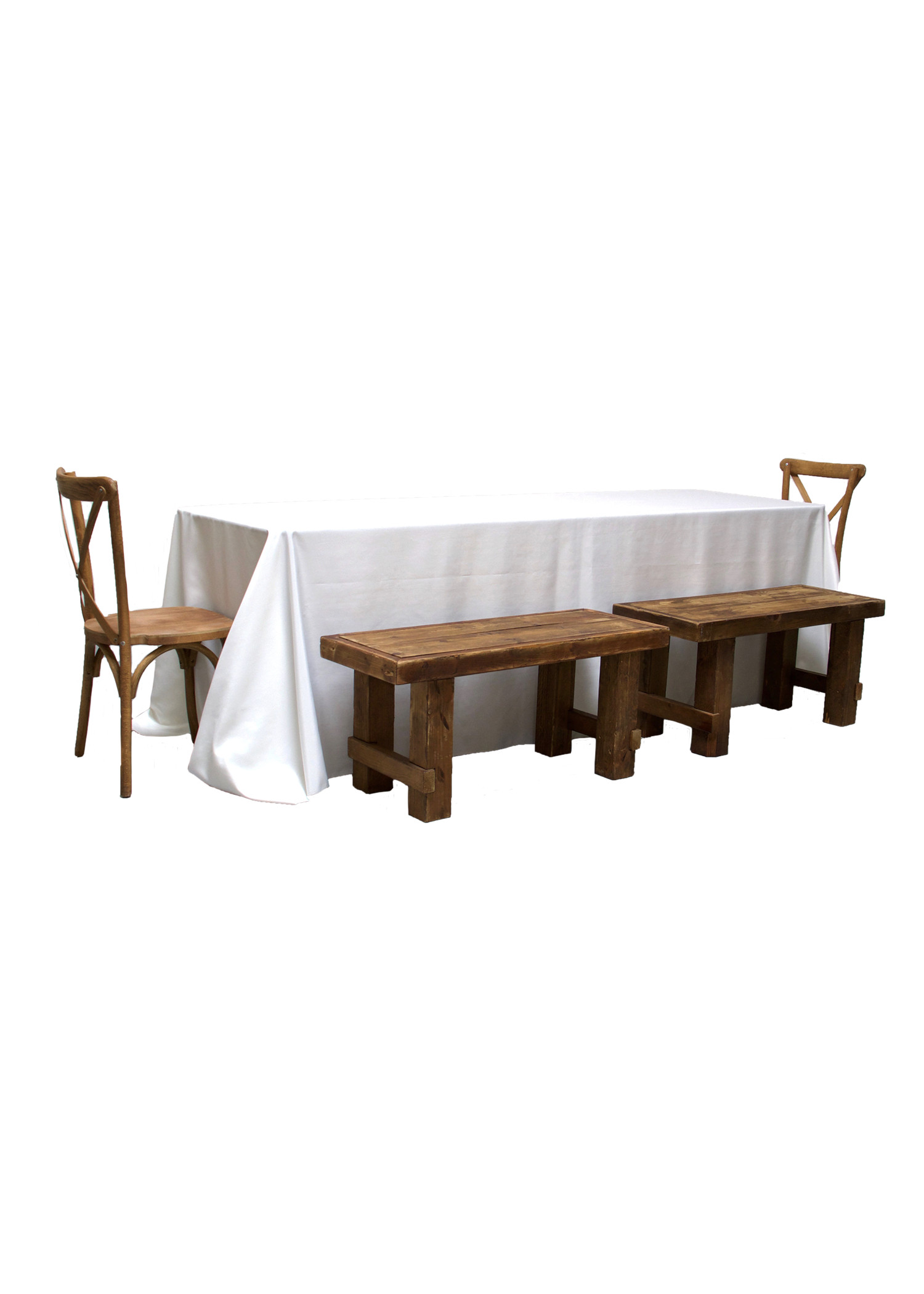 Banquet Table with 4 Honey Brown Short Benches &amp; 2 Cross-Back Chairs