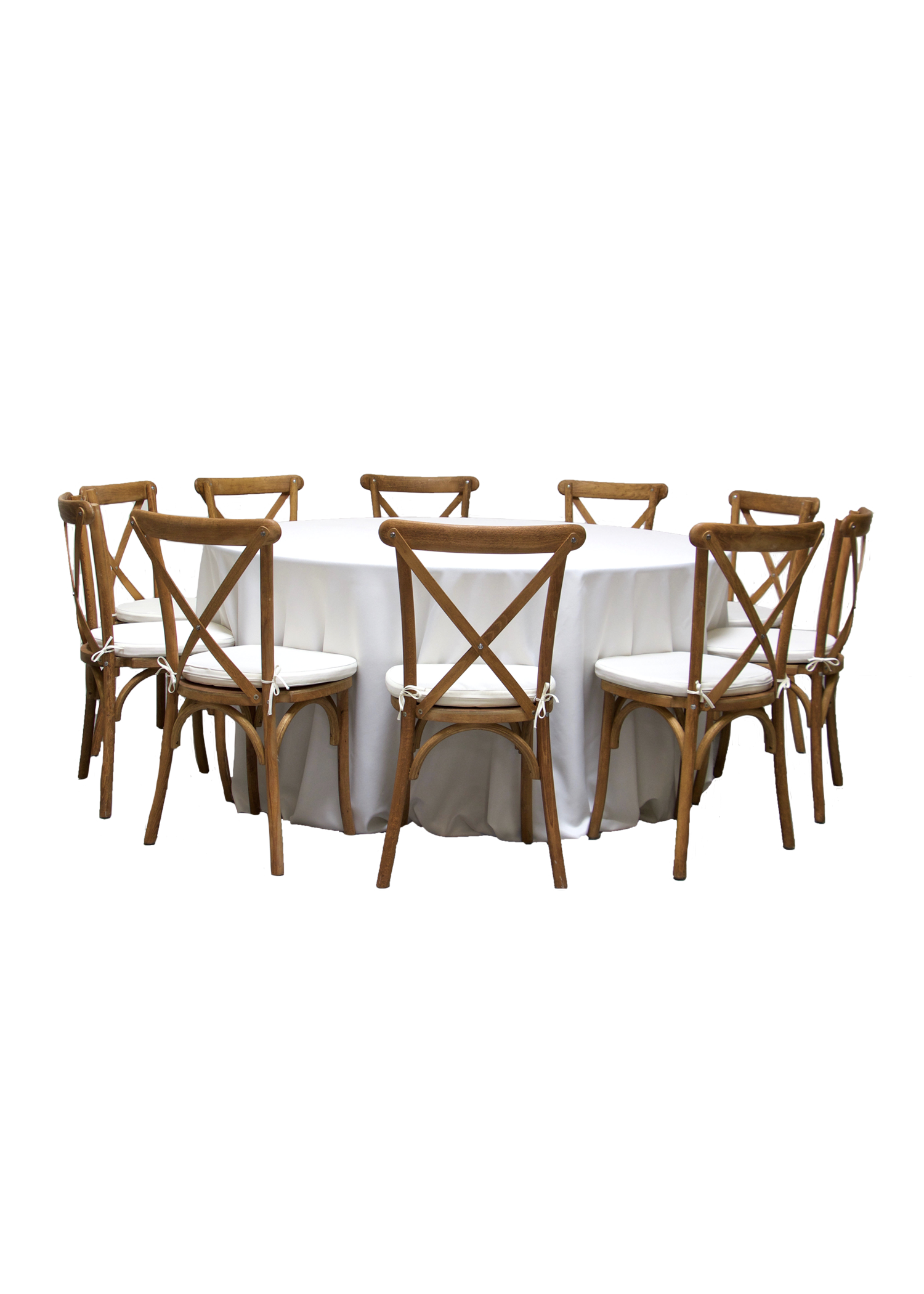 Round Banquet Table with 10 Honey Brown Cross-Back Chairs