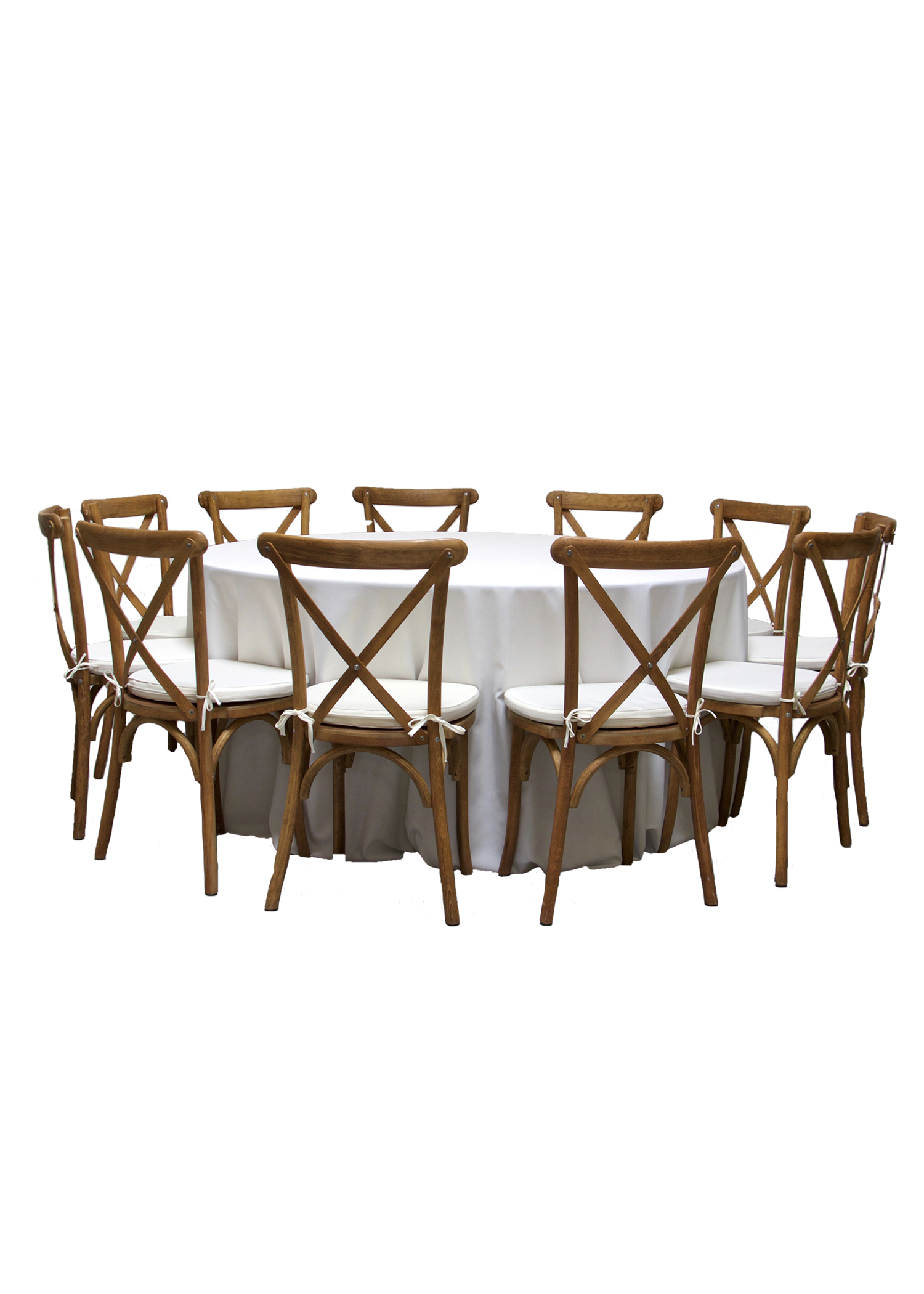 Round Banquet Table with 11 Honey Brown Cross-Back Chairs