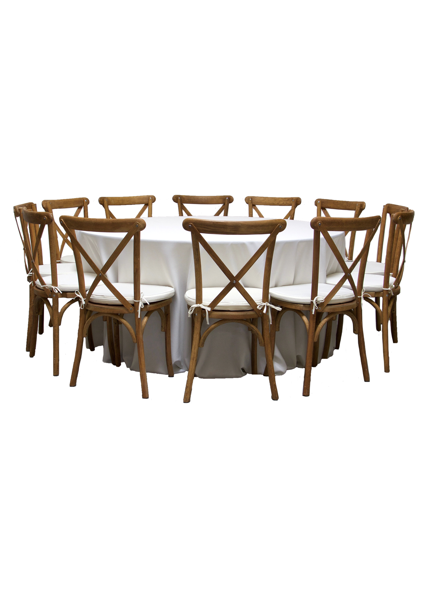 Round Banquet Table with 12 Honey Brown Cross-Back Chairs