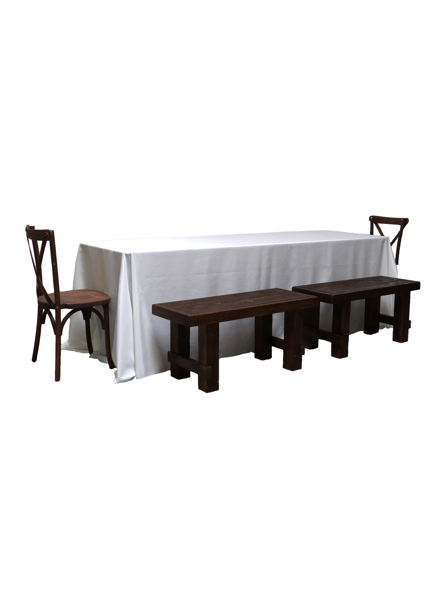 Banquet Table with 4 Mahogany Short Benches &amp; 2 Cross-Back Chairs