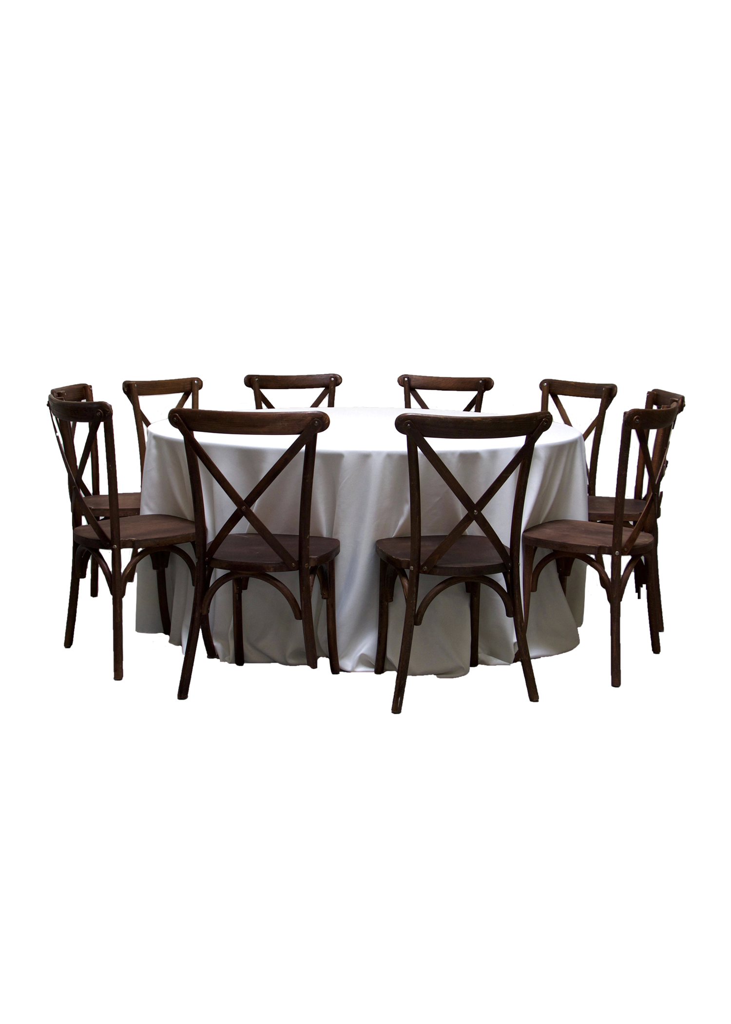 Round Banquet Table with 10 Mahogany Cross-Back Chairs