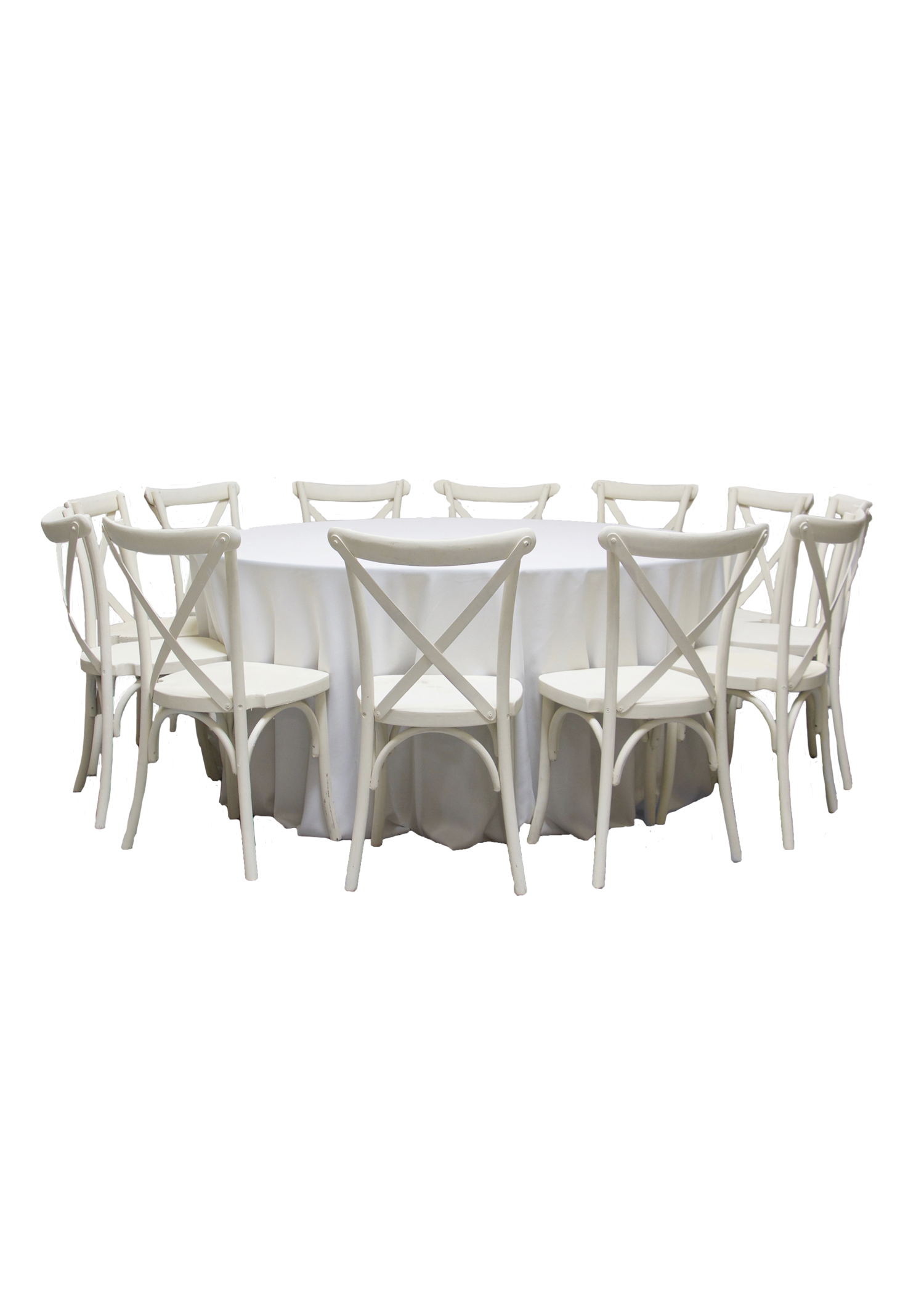 Round Banquet Table with 12 Vintage White Cross-Back Chairs