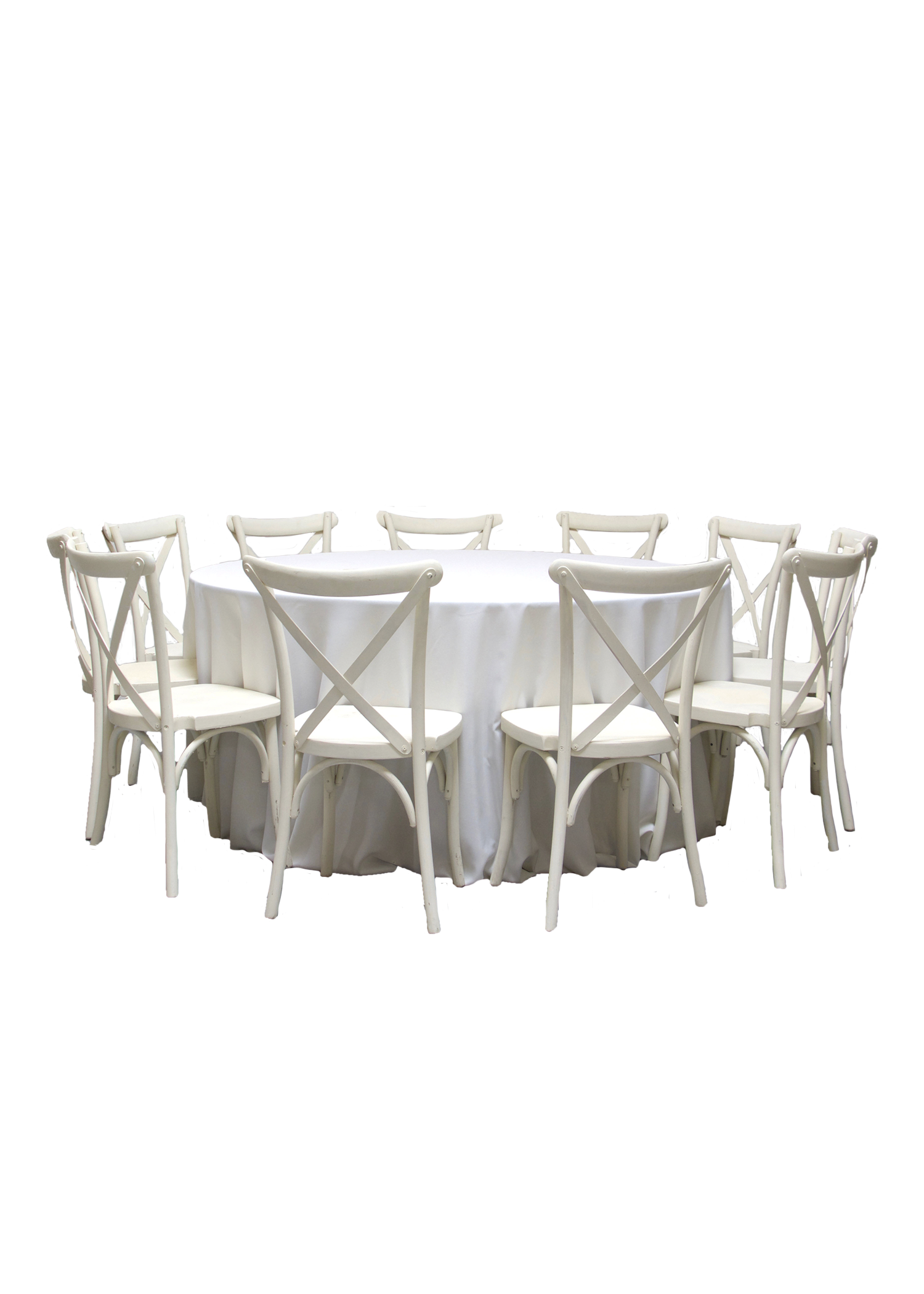 Round Banquet Table with 10 Vintage White Cross-Back Chairs
