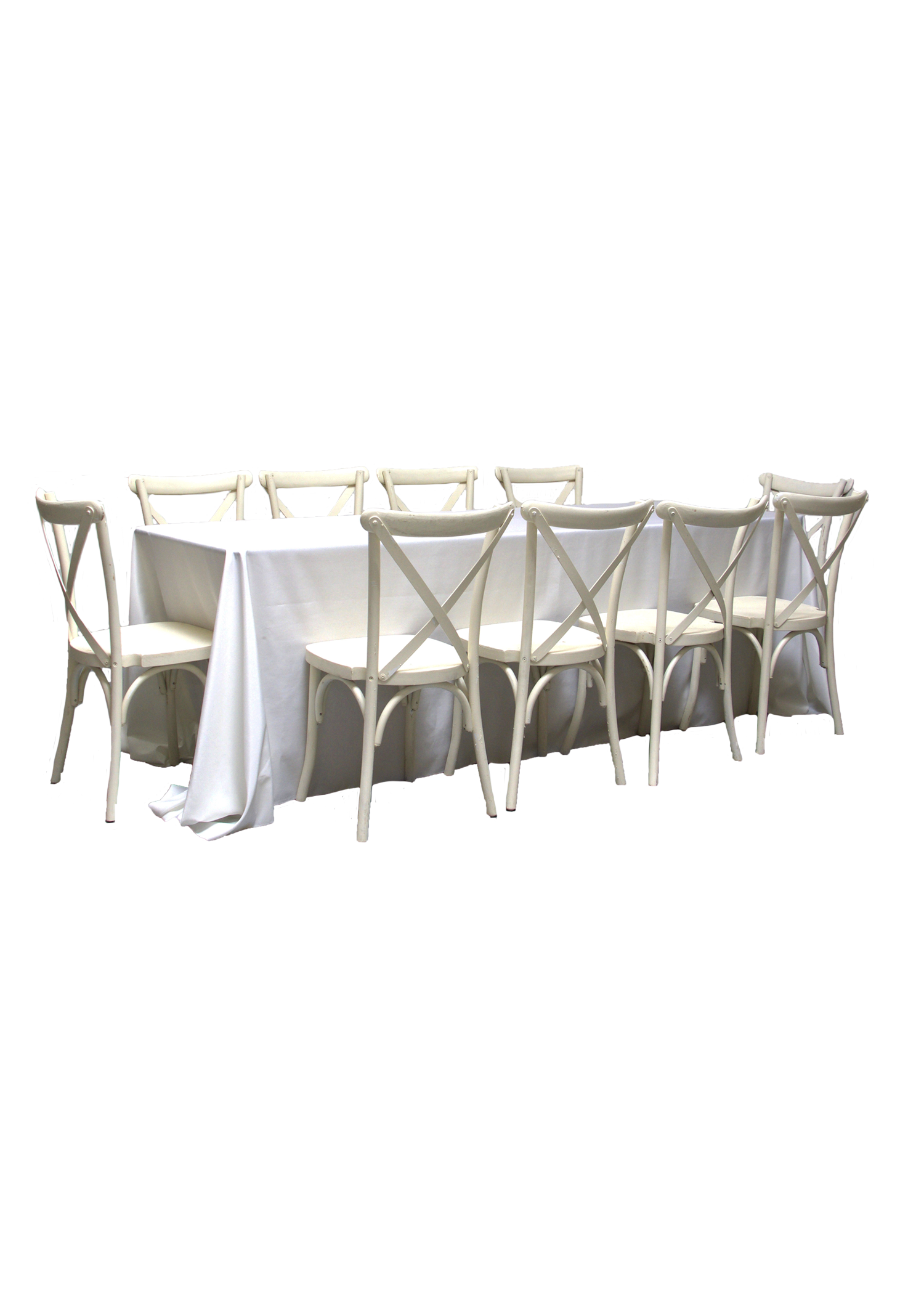 Banquet Table with 10 Vintage White Cross-Back Chairs