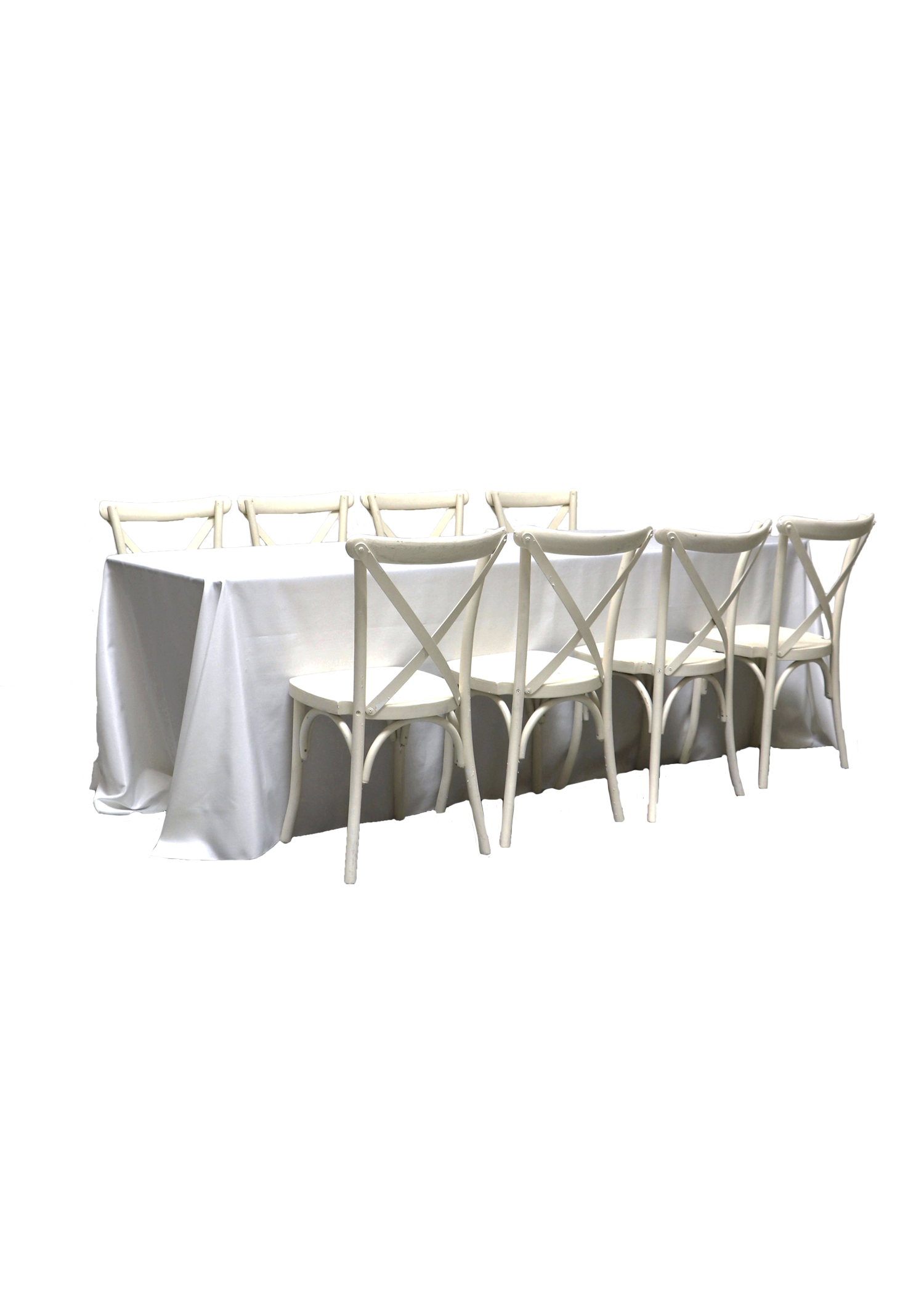 Banquet Table with 8 Vintage White Cross-Back Chairs