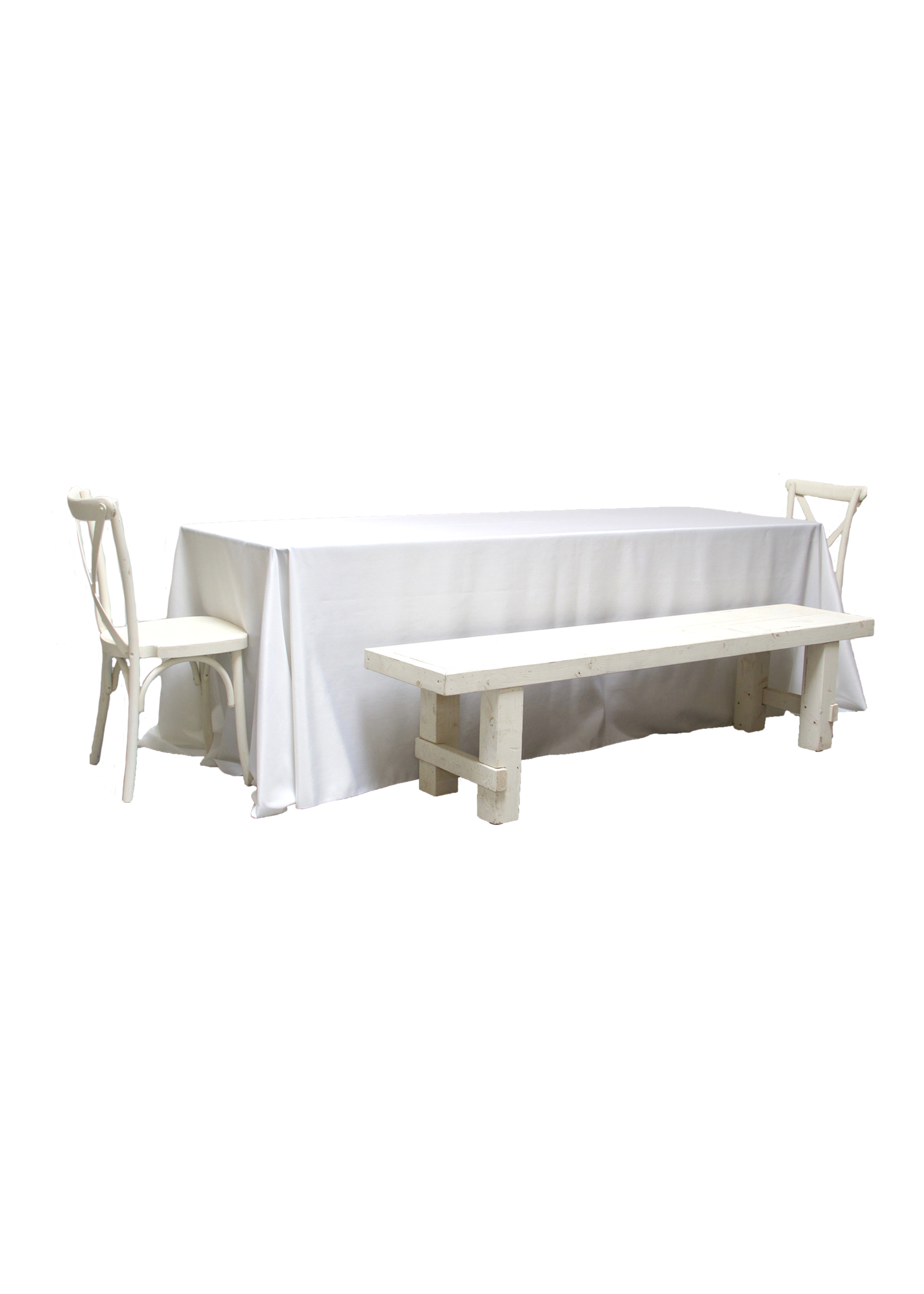 Banquet Table with 2 Vintage White Long Benches &amp; 2 Cross-Back Chairs
