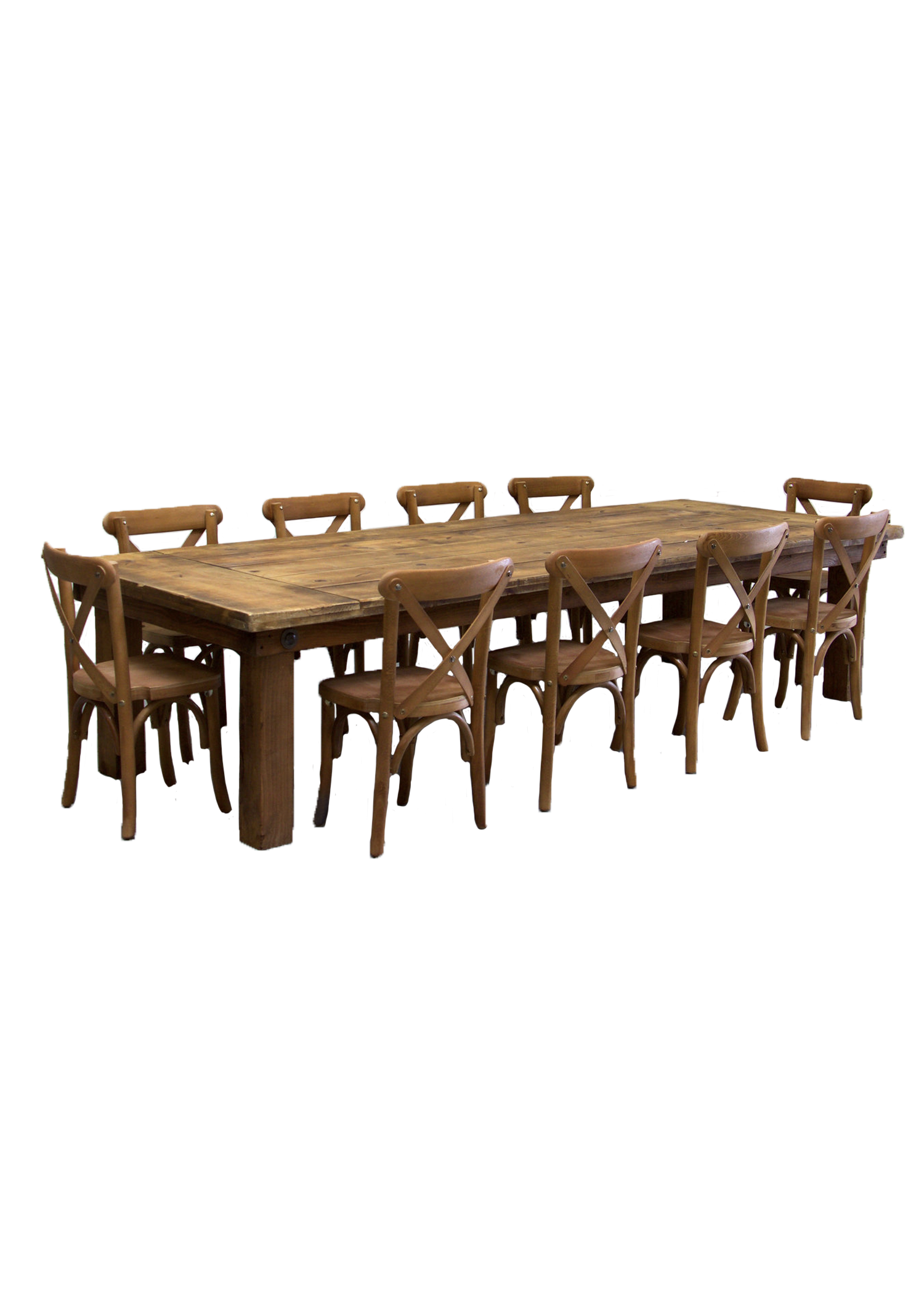 Kids Honey Brown Farm Table with 10 Cross-Back Chairs