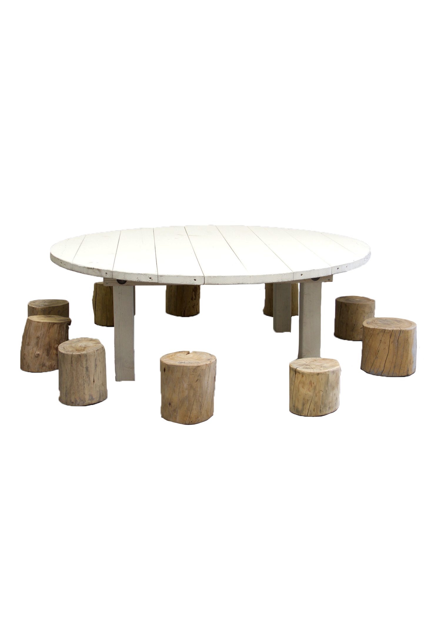 Kids Round Vintage White Farm Table with 10 Tree Stumps
