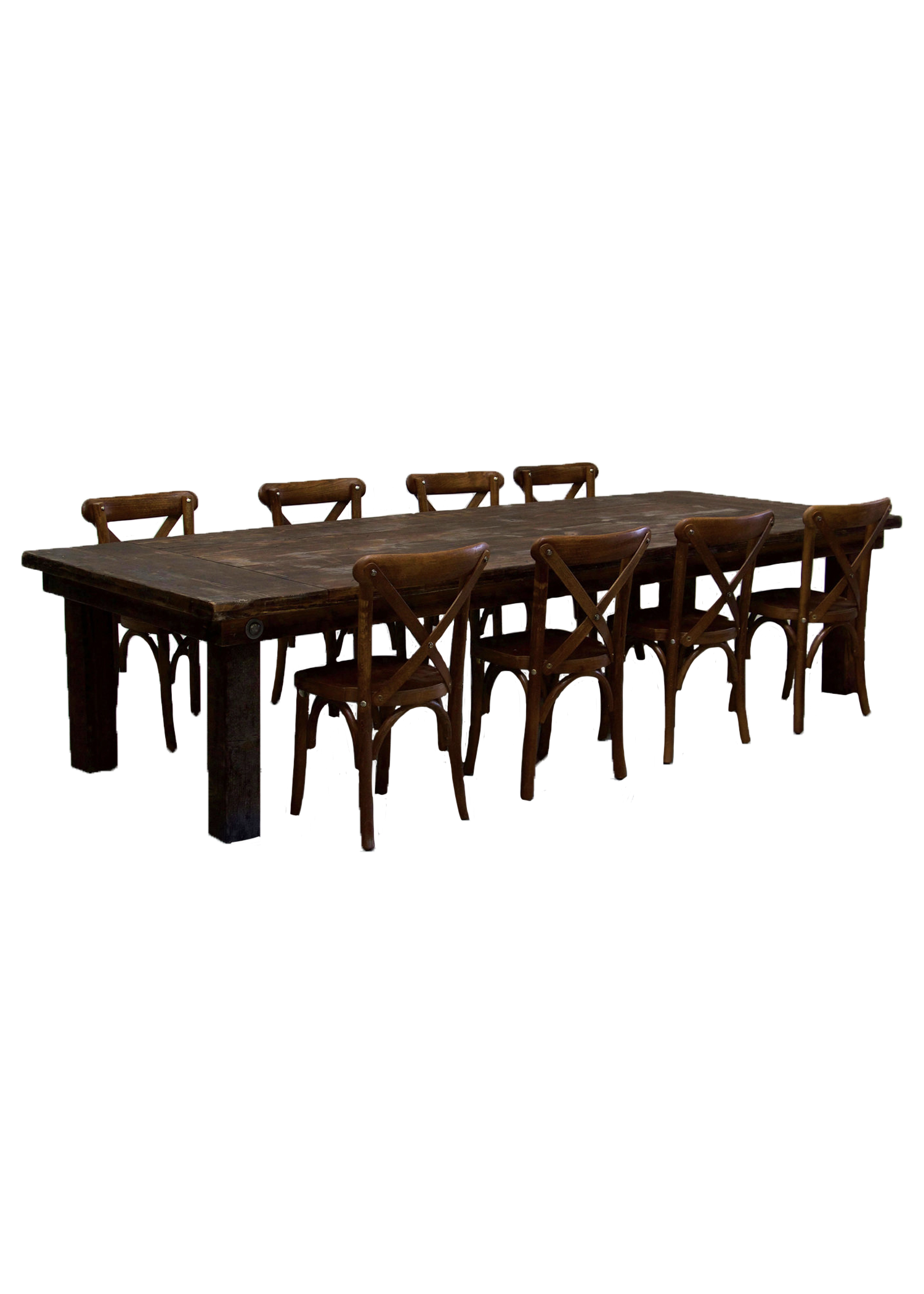 Kids Mahogany Farm Table with 8 Cross-Back Chairs