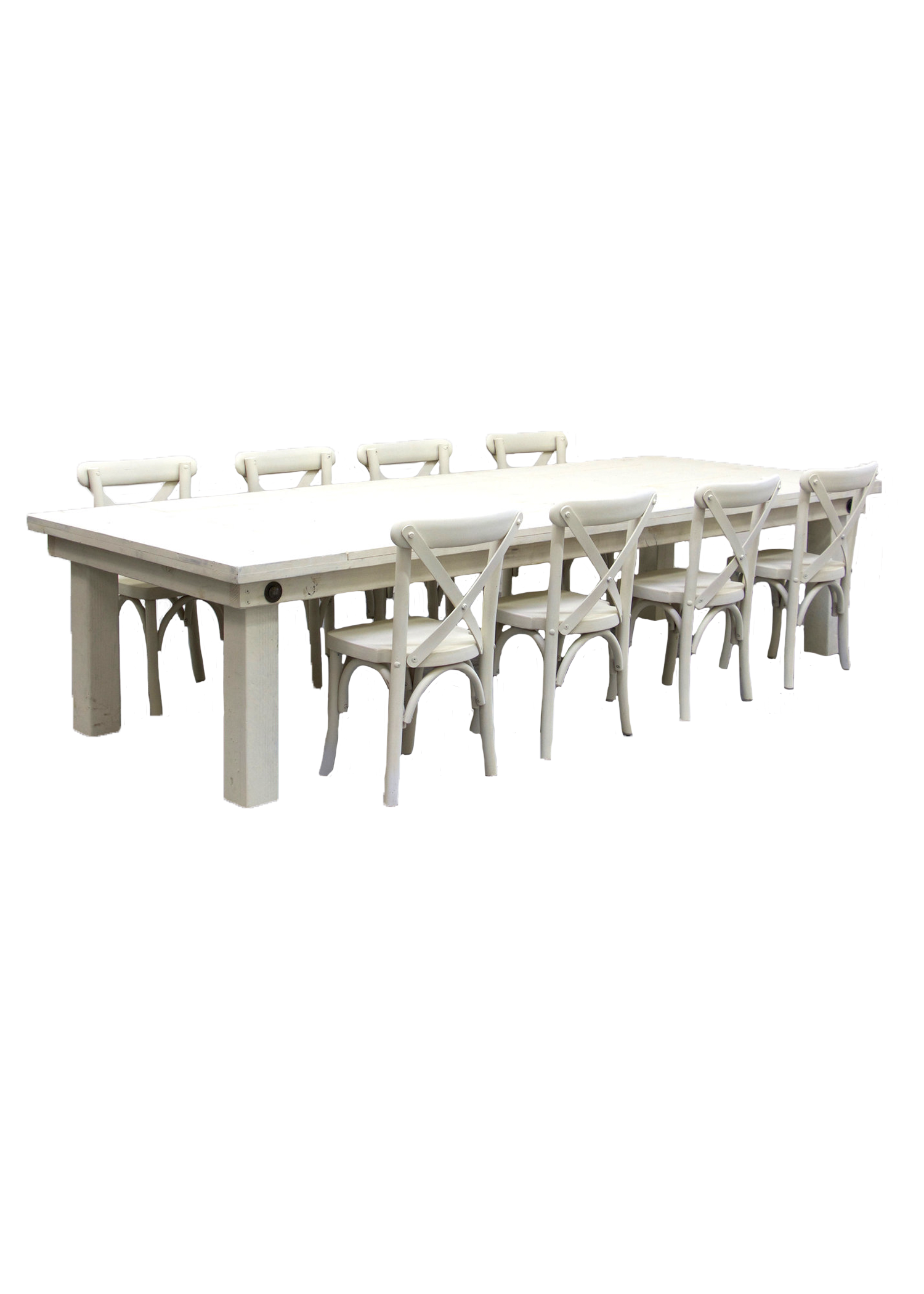 Kids Vintage White Farm Table with 8 Cross-Back Chairs