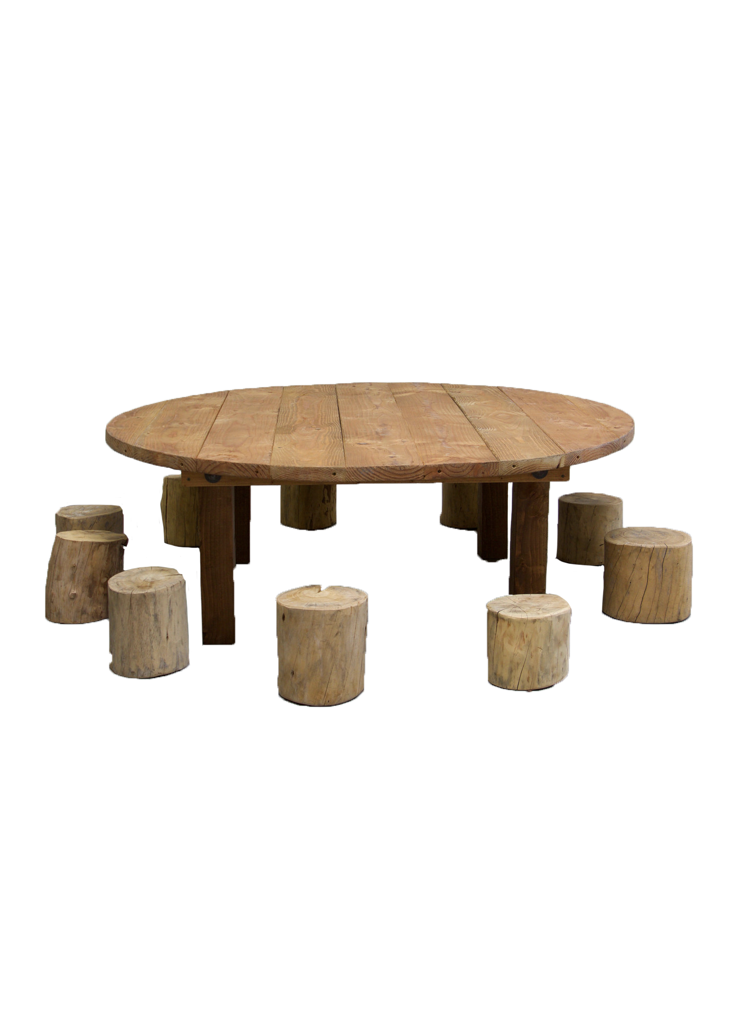 Kids Round Honey Brown Farm Table with 10 Tree Stumps