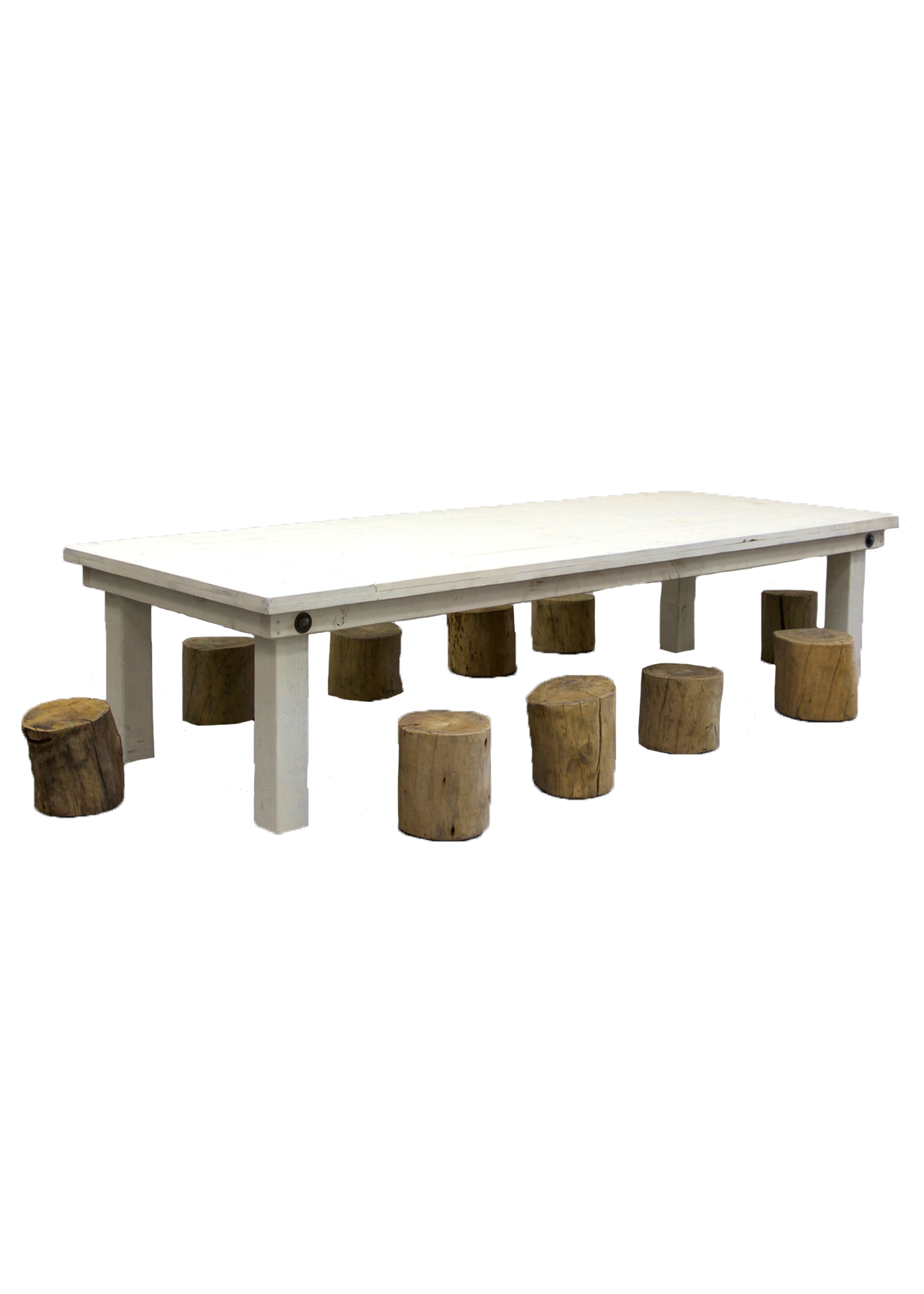 Kids Vintage White Farm Table with 10 Tree Stumps