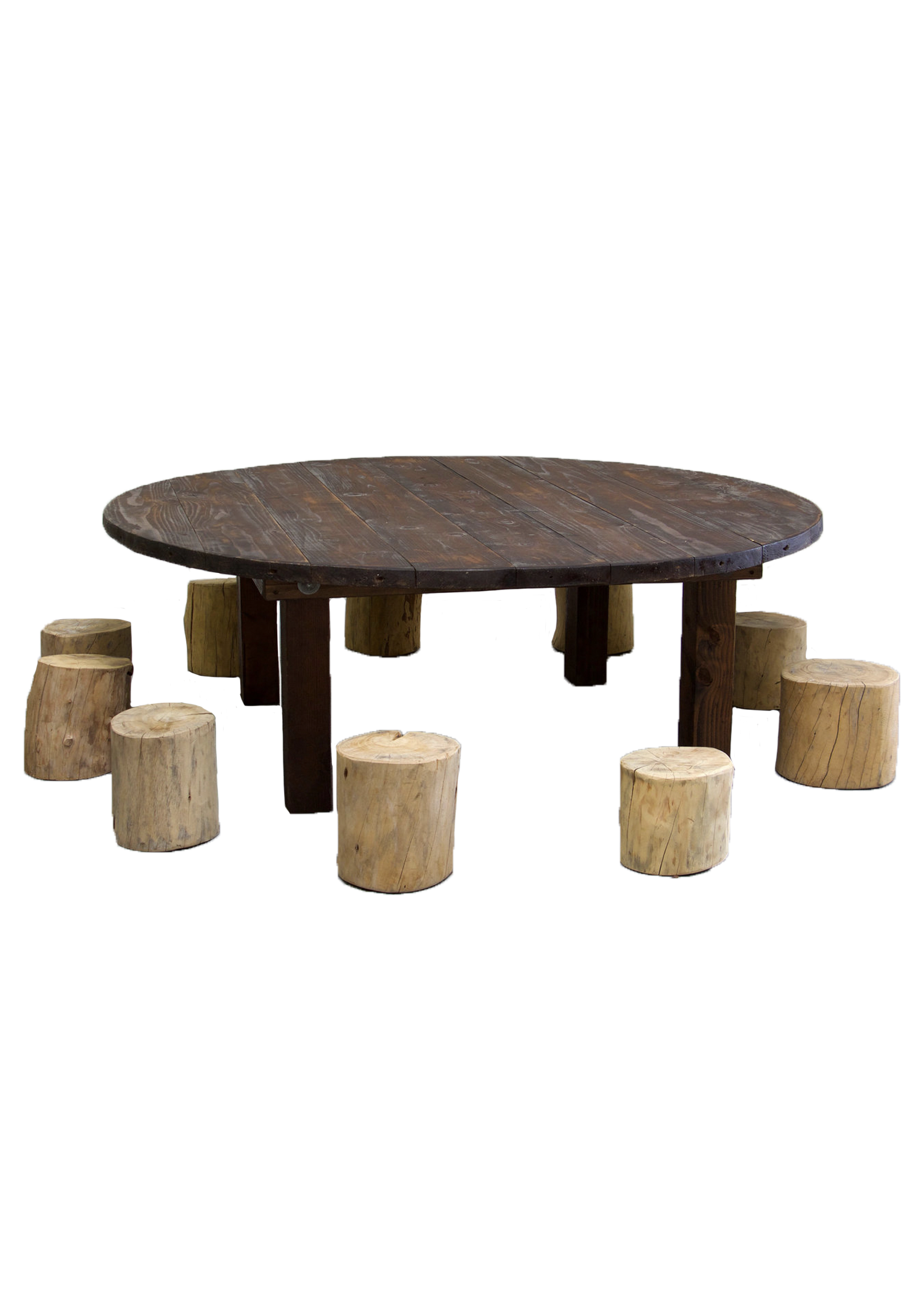 Kids Round Mahogany Farm Table with 10 Tree Stumps