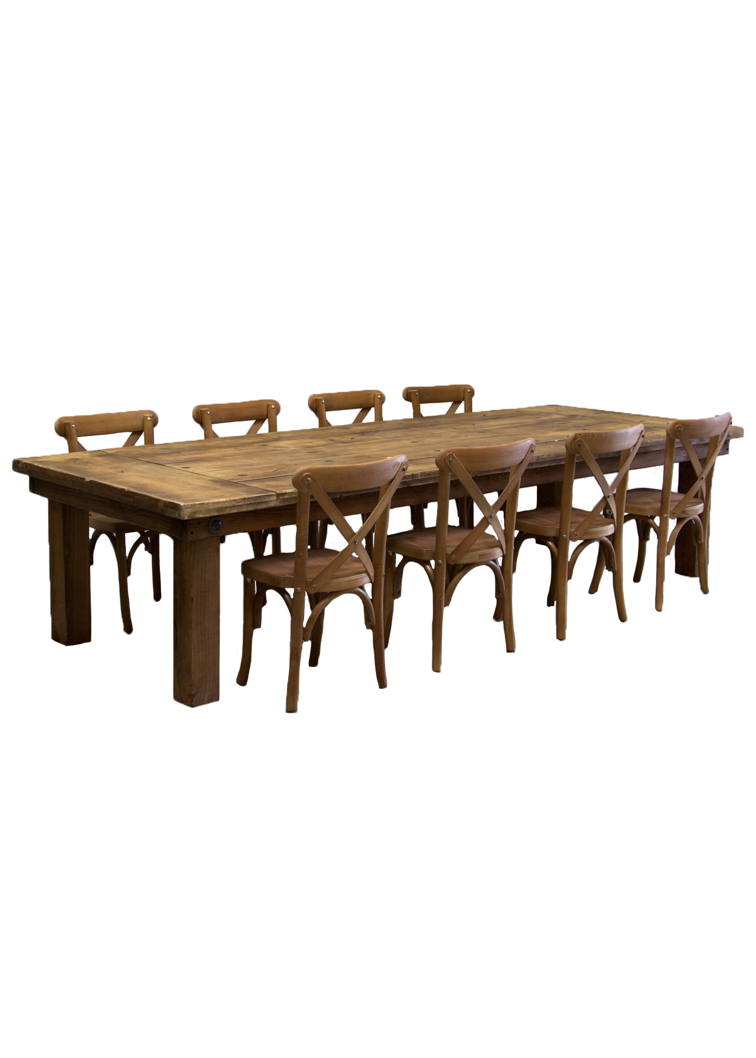 Kids Honey Brown Farm Table with 8 Cross-Back Chairs