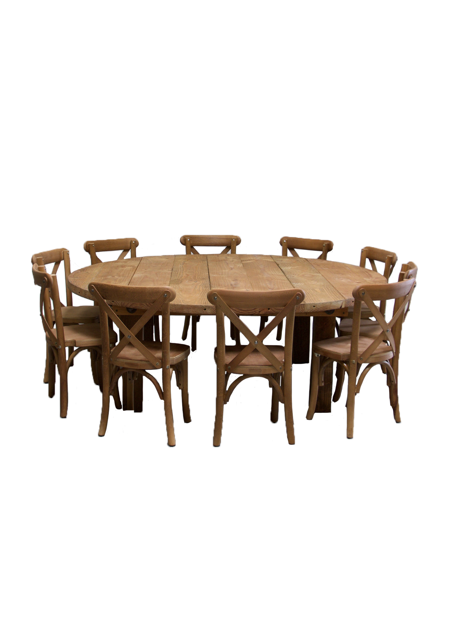 Kids Round Honey Brown Farm Table with 10 Cross-Back Chairs