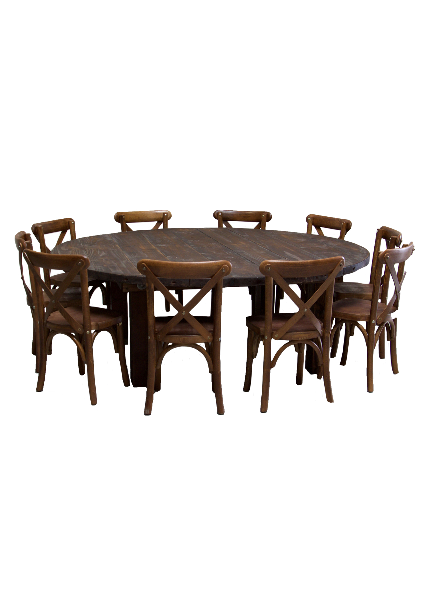 Kids Round Mahogany Farm Table with 10 Cross-Back Chairs