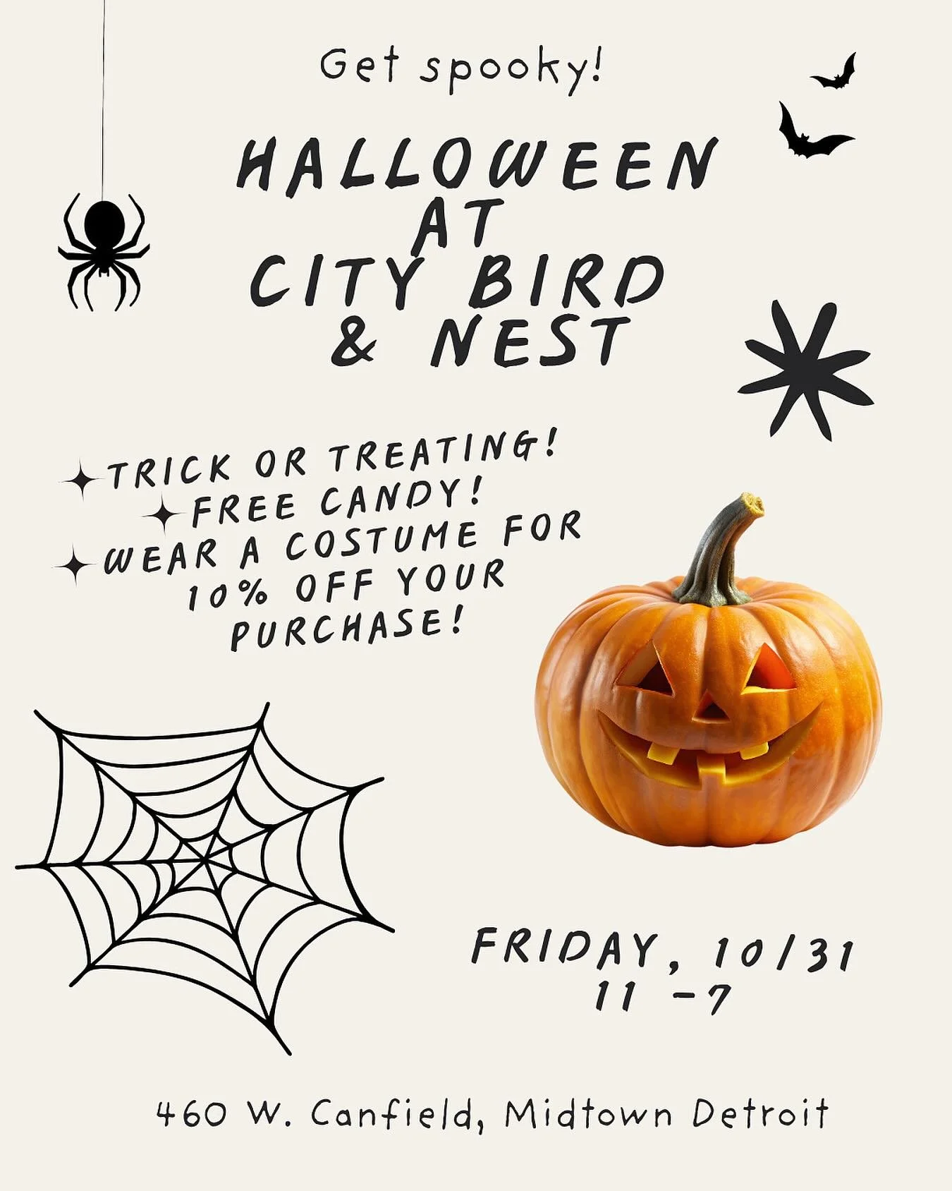 HAPPY HALLOWEEN! 🎃

We hope you&rsquo;ll join us at the shops for a spooky-good day filled with trick-or-treating, candy, and a 10% discount on all in-store purchases today only, for any customers in costume! Open 11-7!

We can&rsquo;t wait to celeb