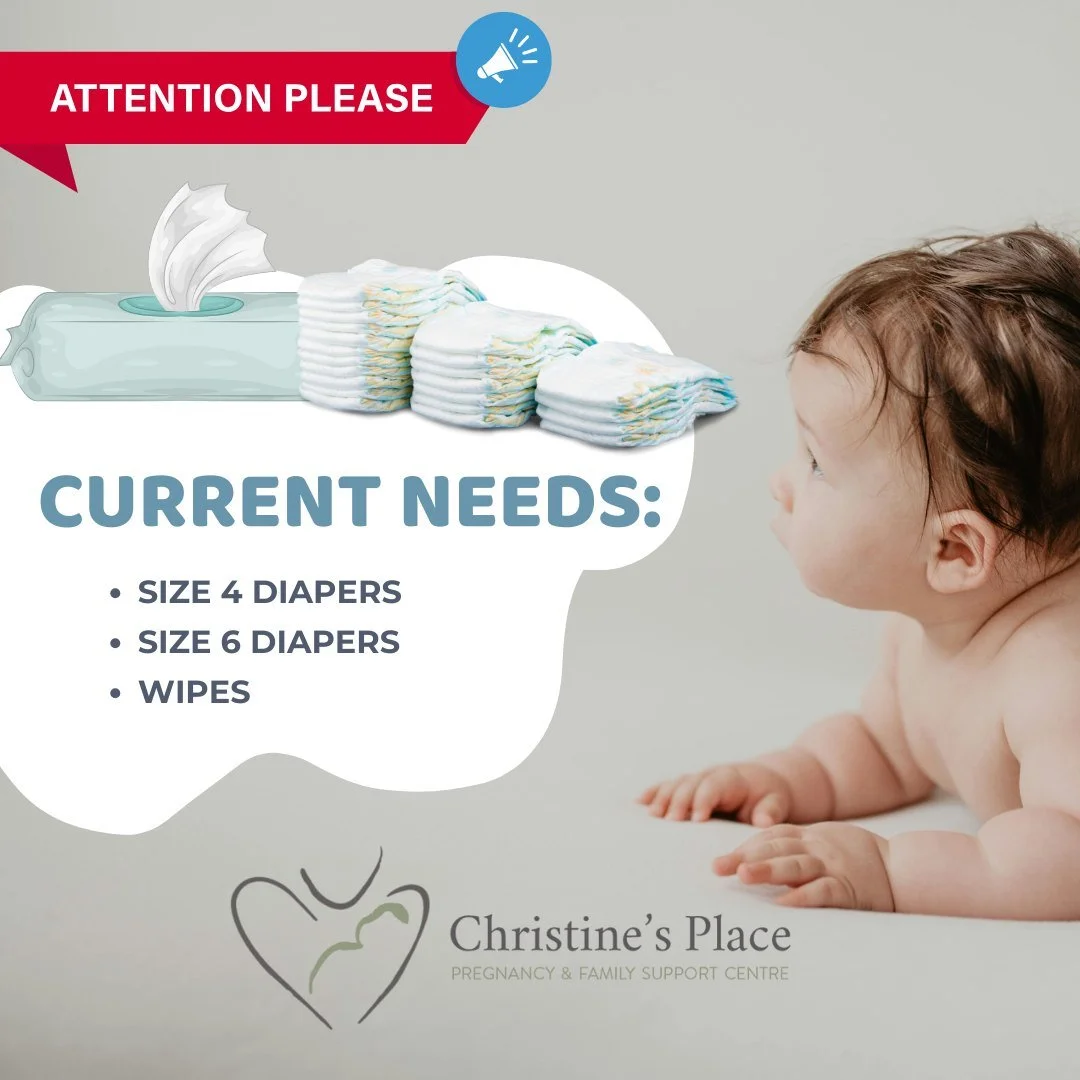 💛 We need your help! 💛

Christine&rsquo;s Place is running low on a few essential items that help us tangibly serve local families in need.

🍼 Current needs:

Size 4 diapers

Size 6 diapers

Baby wipes

Every donation&mdash;big or small&mdash;make