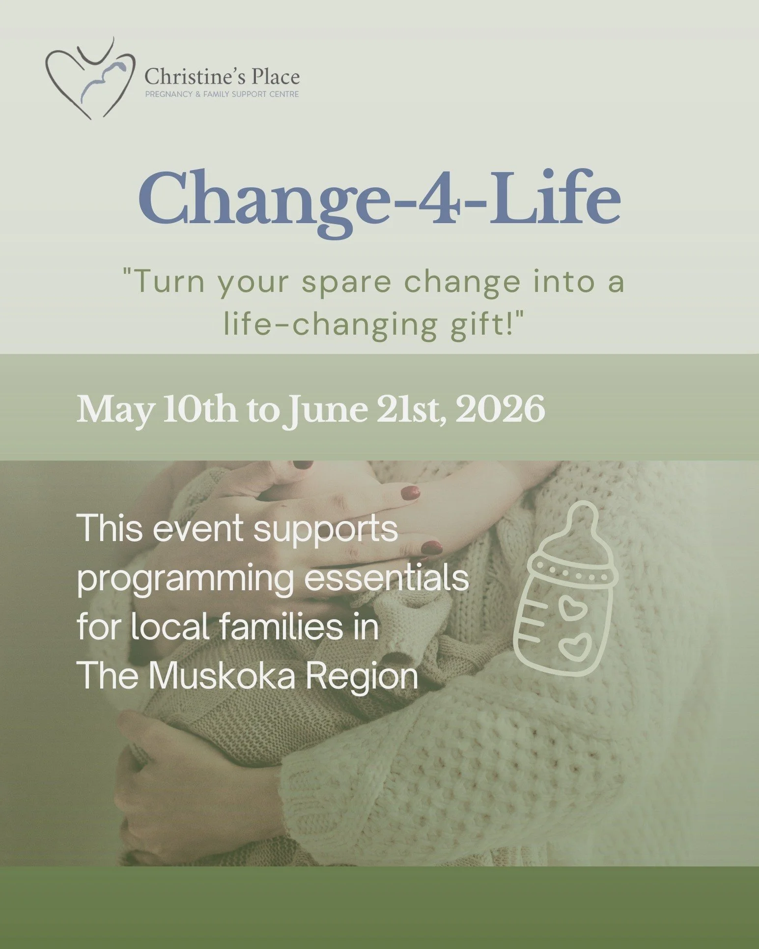 This Sunday, on Mother&rsquo;s Day, we officially kicked off our annual Change-4-Life Baby Bottle Campaign 💛

From May 10th to June 21st, baby bottles will be making their way into homes, businesses, churches, and communities across Muskoka&mdash;ea