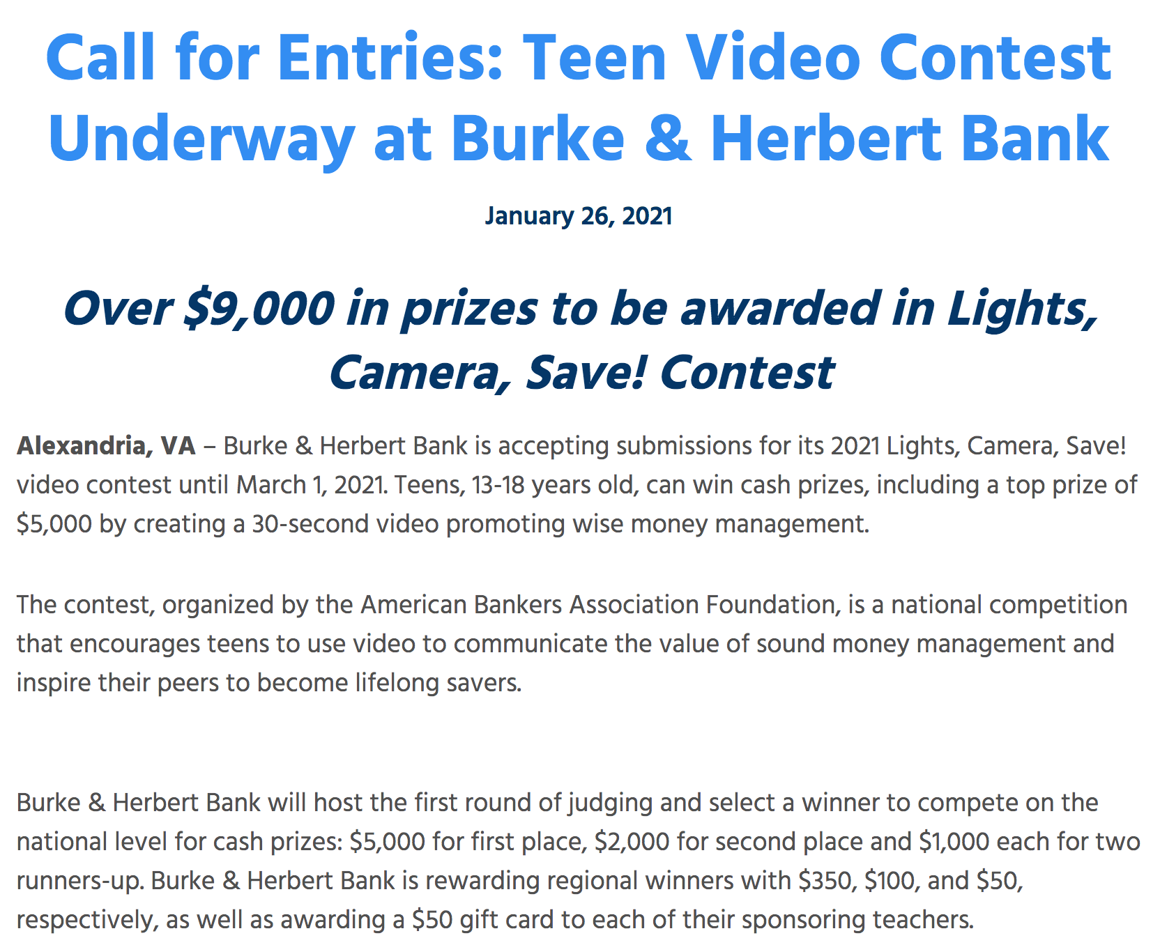 Call for Entries: Teen Video Contest Underway at Burke &amp; Herbert Bank