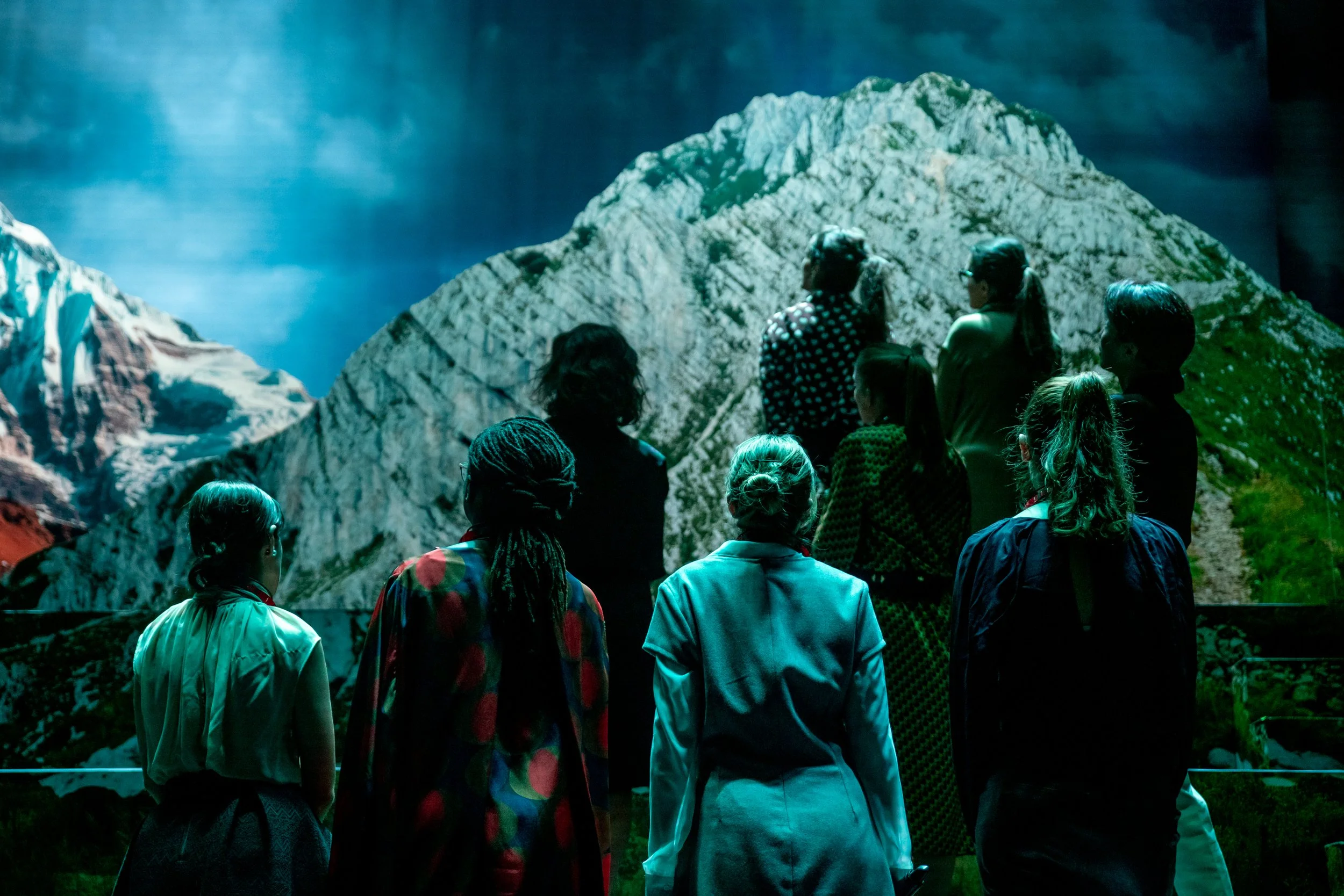 Grupo de pessoas observando um quadro ou grande tela com uma imagem de uma montanha com neve e rochas.