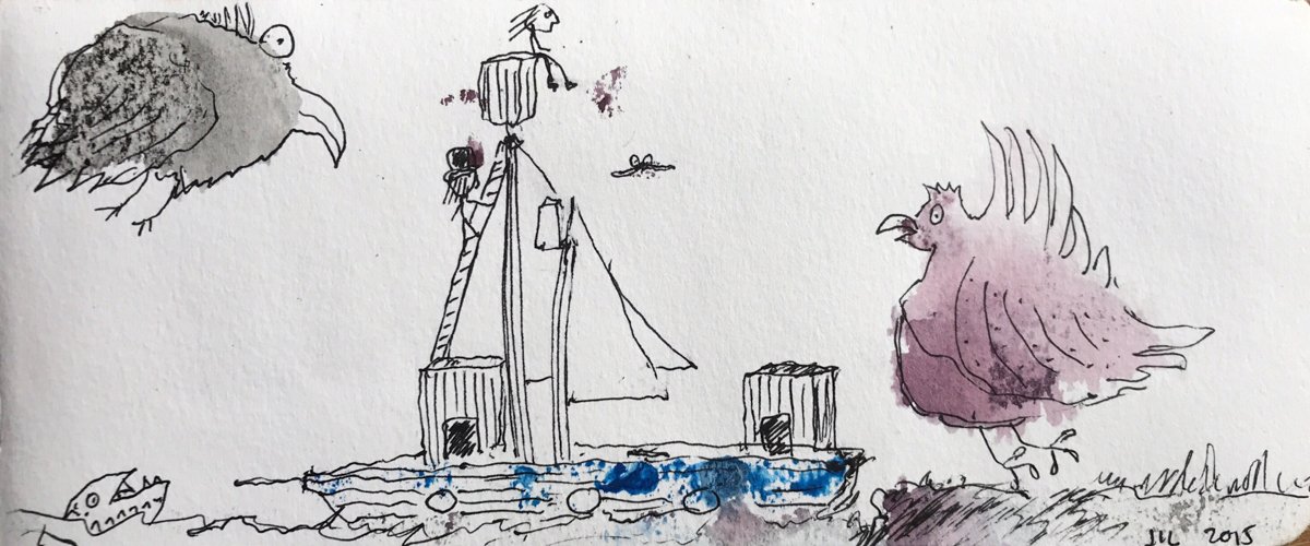 Joseph Ivan Long scribbling "Giant birds and a boat"
