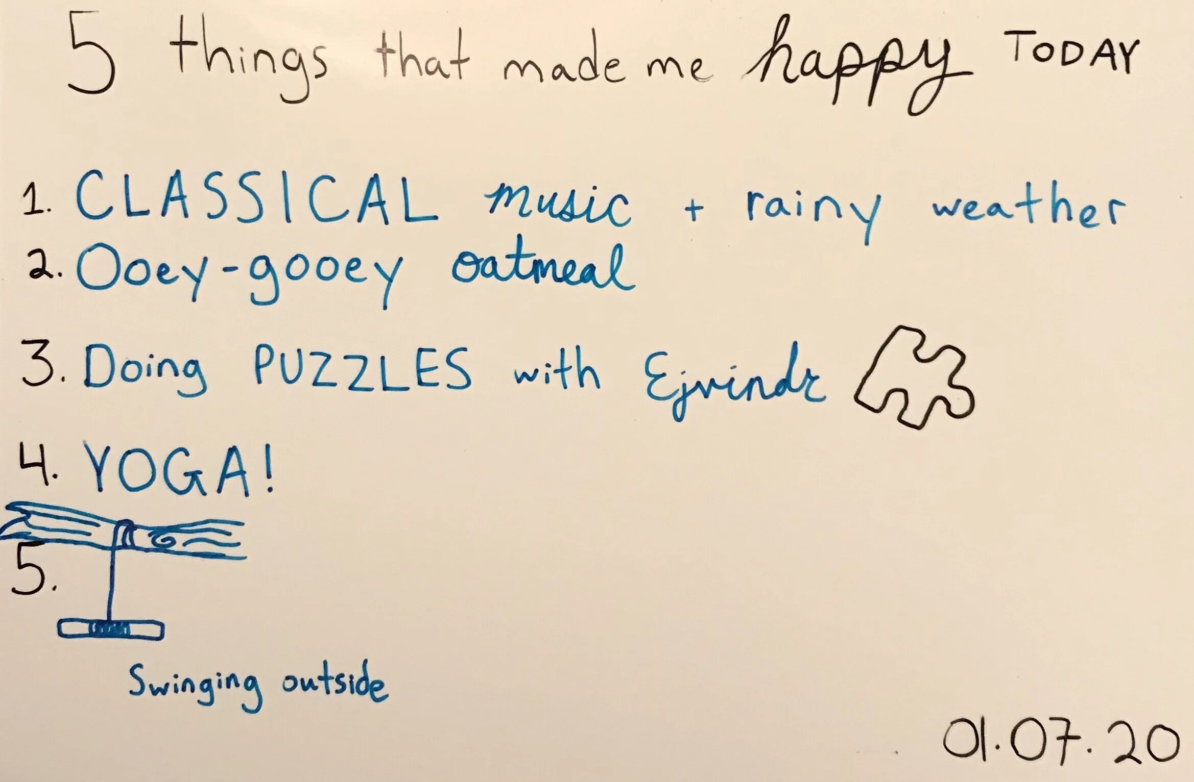 5 things that made me happy today - classical music, rainy weather, puzzles, yoga, swinging, oatmeal
