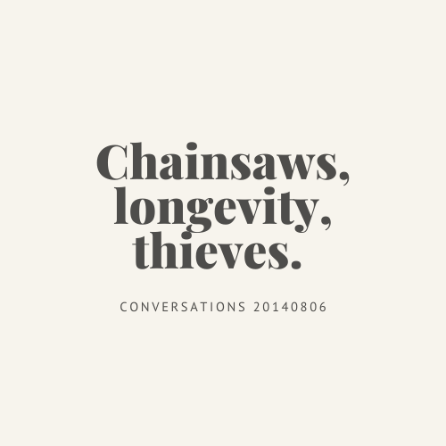 Conversations : chainsaws, longevity, thieves.