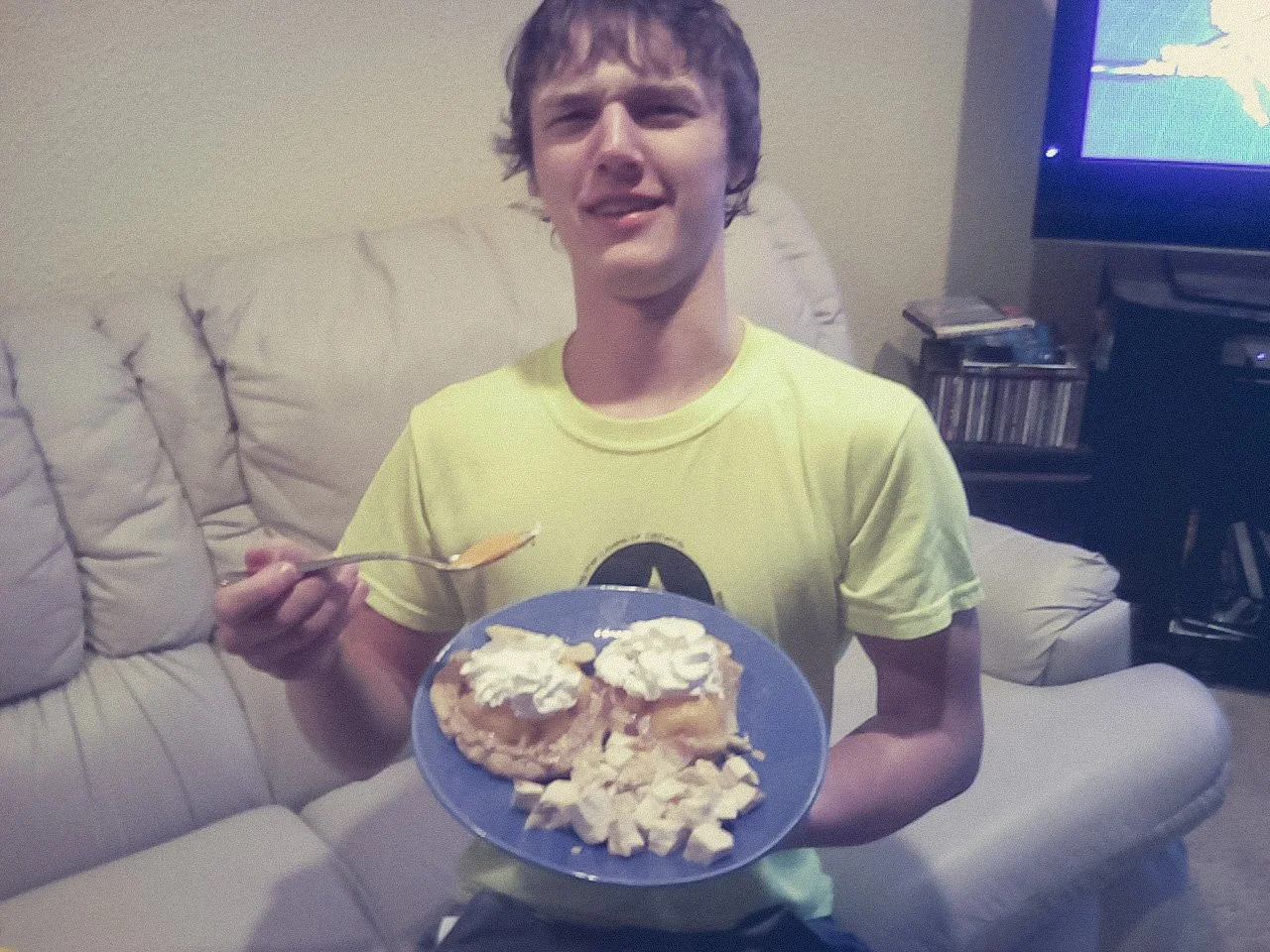 Jeremy M. Long eating waffles and tofu on Mt Norway
