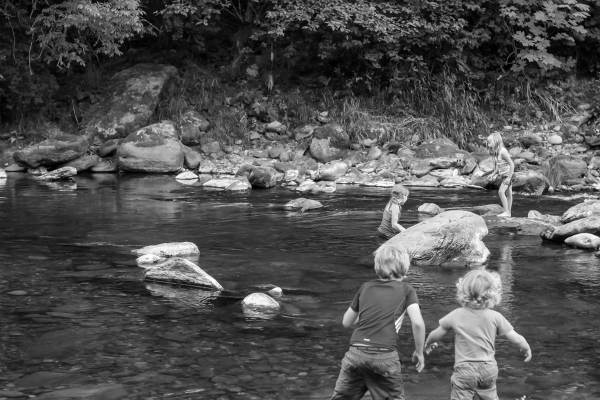 "Playstation: deluxe classic edition with unlimited bonus levels" - Four young children play and explore in the Washougal River on a summer evening