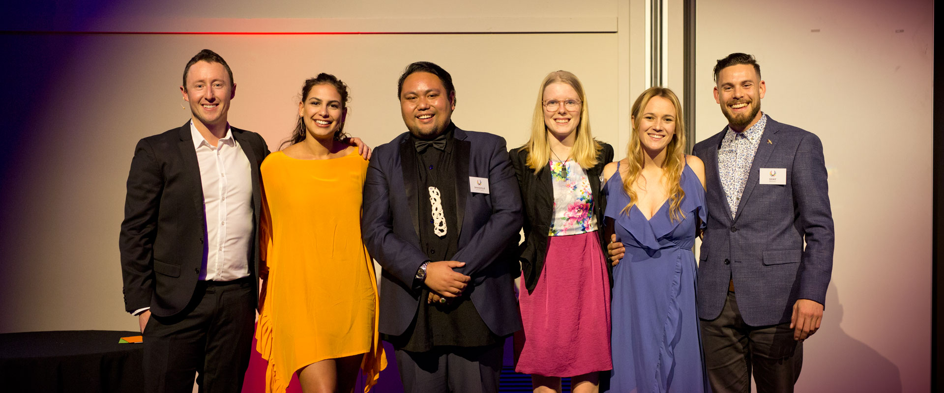 Pictured from left : Guy Ryan, CEO & Founder of Inspiring Stories and The Impact Awards; Jacinta Gulasekharam – winner of the Evolve Leadership Summit scholarship; Shaquille Shortland, CEO of Tuapapa Māori Language Academy & Consultancy – winner of the Inclusion Award; Sophie Handford, National Coordinator School Strikes 4 Climate – winner of the Climate Award; Jazz Thornton, CEO of Voices of Hope – winner of the Wellbeing Award; and Shay Wright – Co-founder of Te Whare Hukahuka – winner of the Impact Award for Enterprise.
