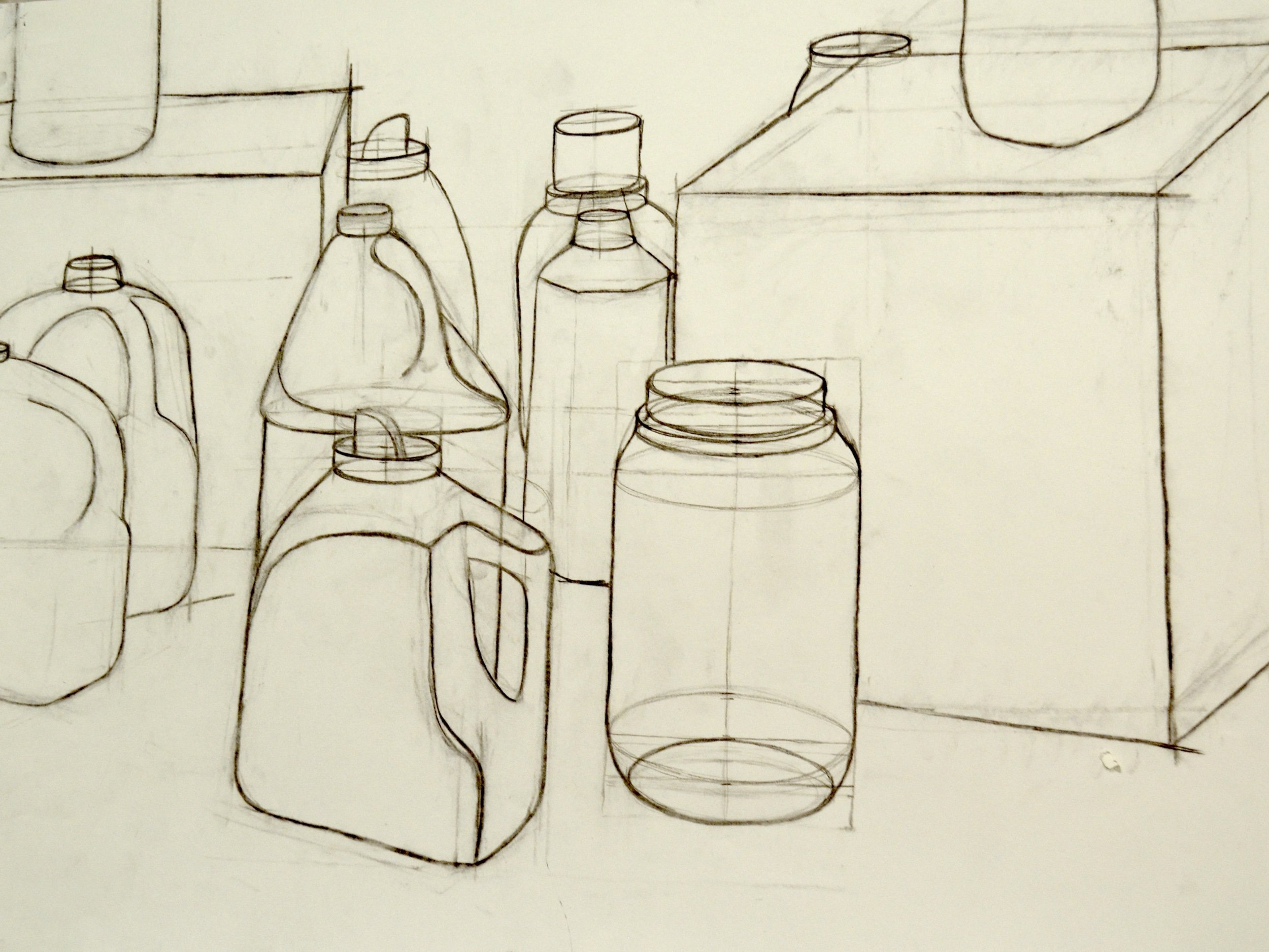 Drawing I - Line drawing with bottles and boxes,