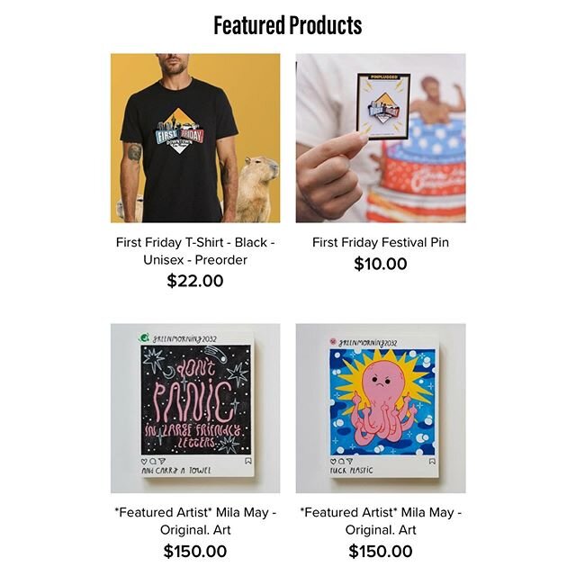 Have you been wanting to buy a First Friday pin or T-shirt for like... ever? Looks like today is YOUR lucky day 🍀Visit the First Friday online store to check out products created by local artists and vendors, pre-order First Friday T-shirts, and FIN