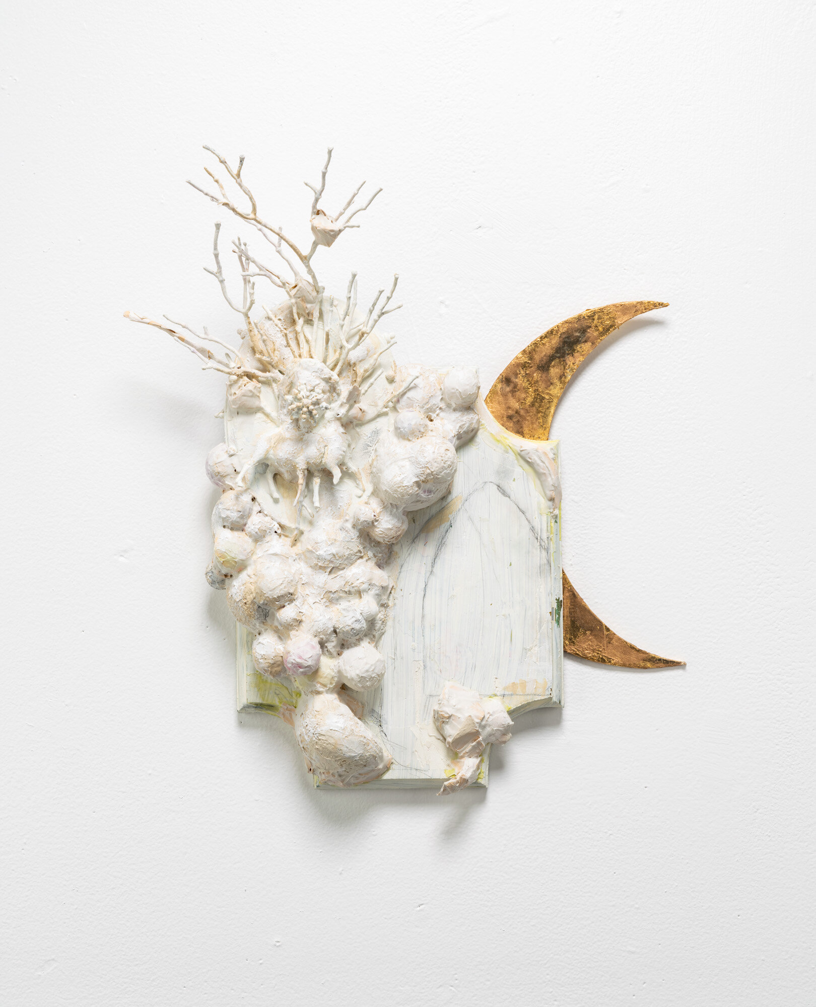  Found and altered objects (wood panels, figurines, styrofoam fruit, brooch, faux floral stems) plaster, molding paste, paper, faux gold leaf, acrylic paint, graphite. 11” x 17” x 5” 