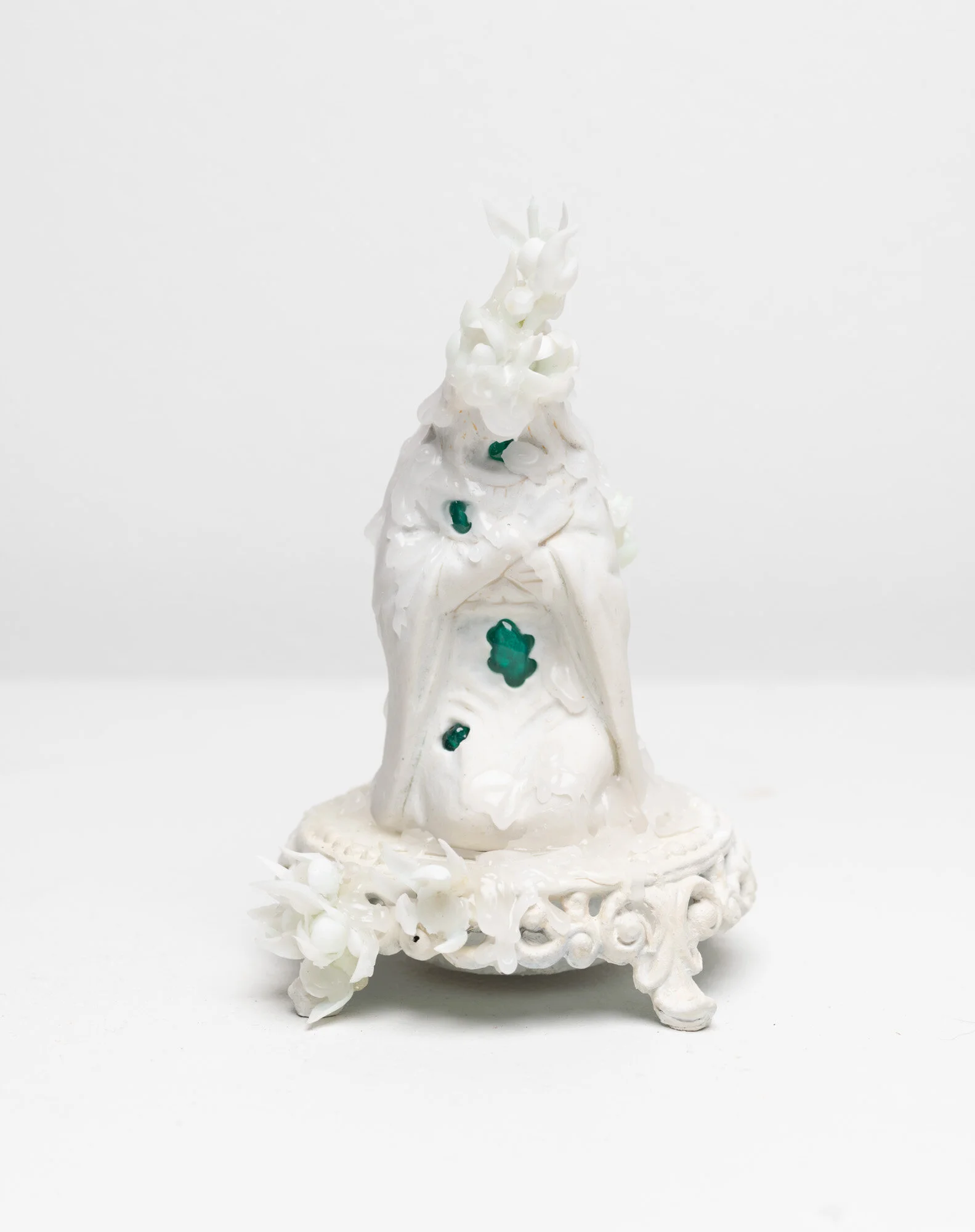  Found and altered objects (porcelain figurine, plastic), metal lamp base, flickering LED candle, acrylic paint, graphite, wax. 3.5” x 3.5” x  5.75”. 