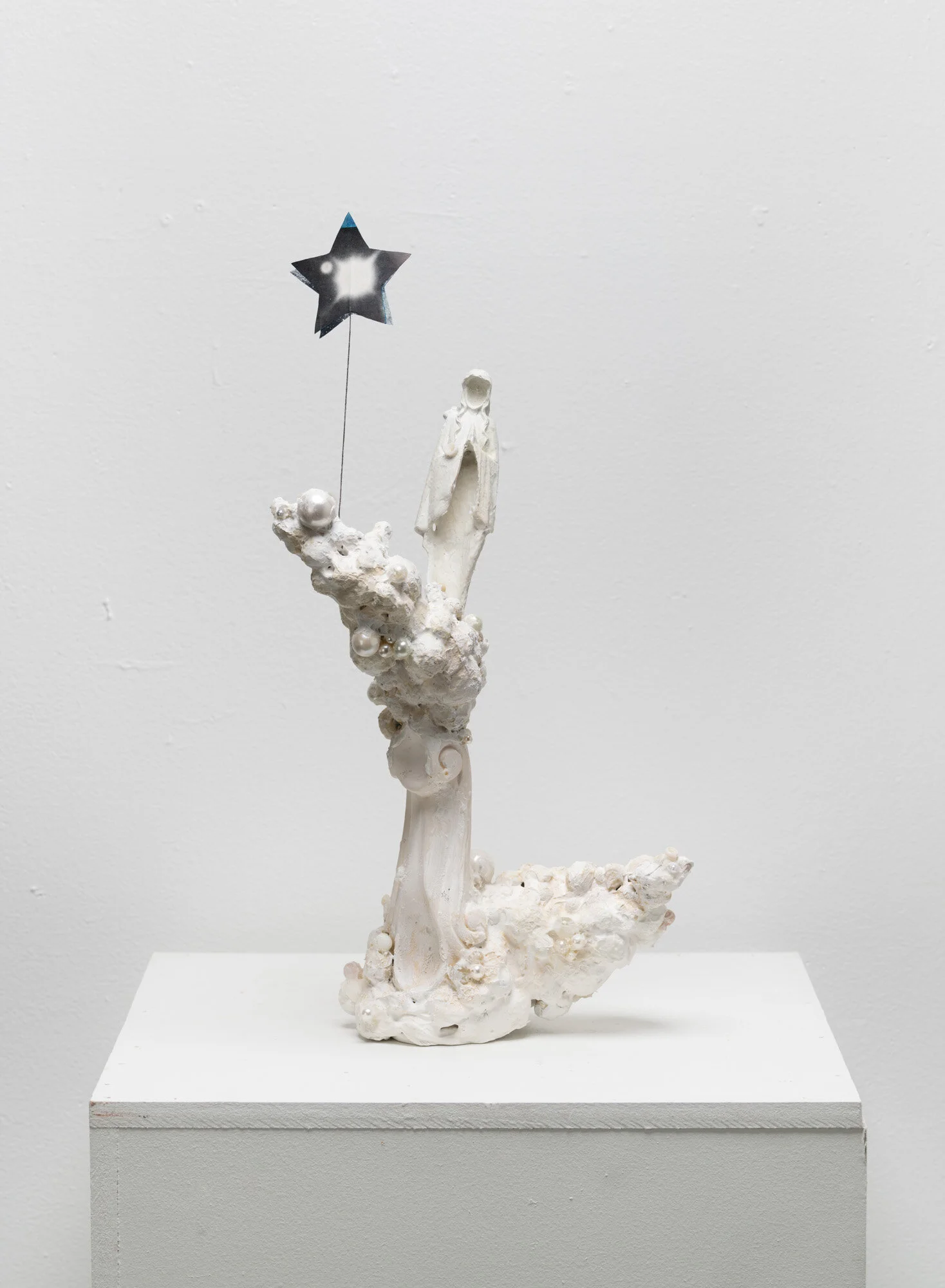  Found and altered objects (plastic figurine, chair leg, styrofoam fruit), plaster, acrylic paint, molding paste, plaster, beads, wire, paper, graphite. 5” x 5” x 17.5”.&nbsp; 