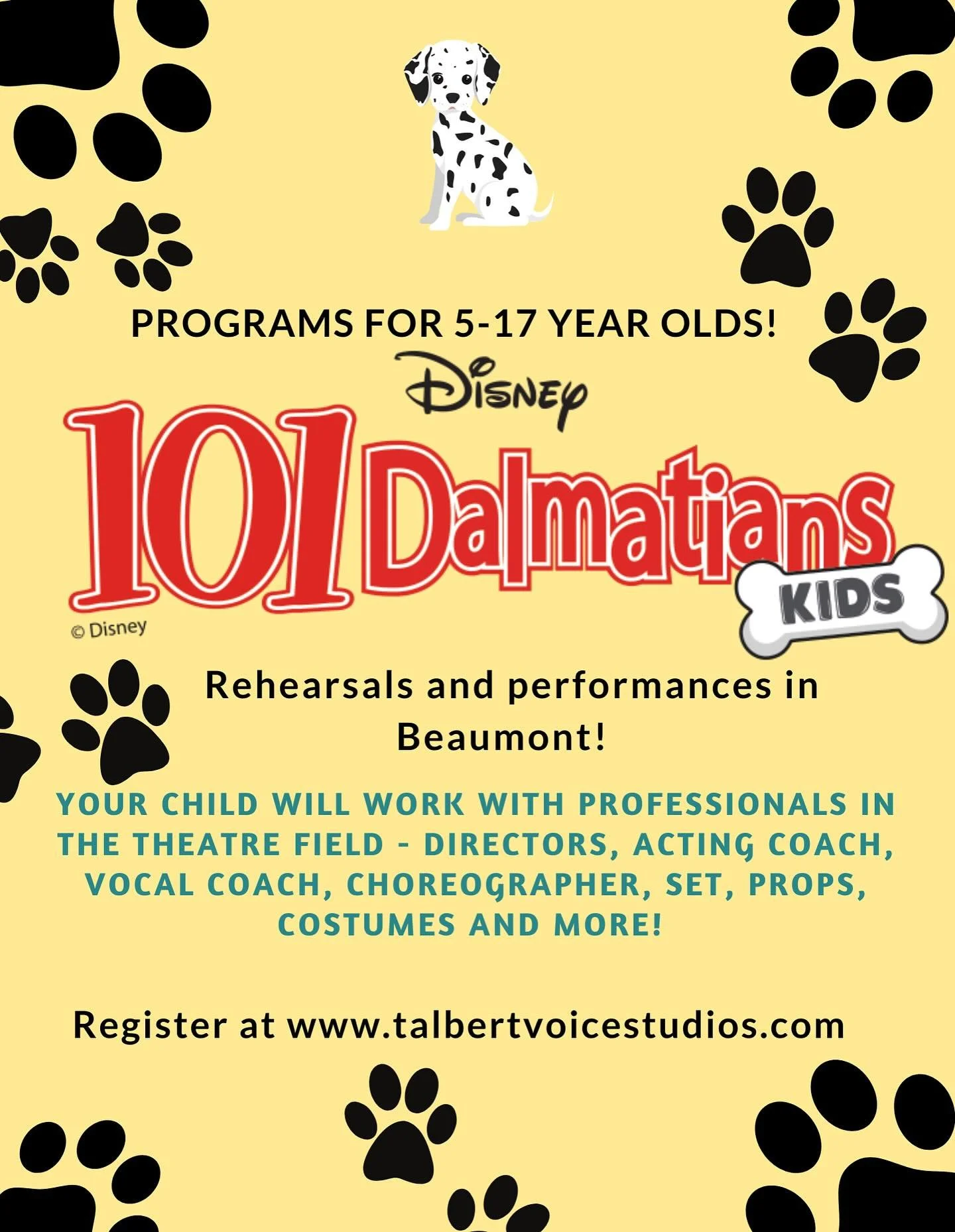 A new musical theatre show for children 5-17 is coming this fall! 

101 Dalmatians rehearsals start September 4 in Beaumont, and we still have a few spots left for the music lover in your home. 

You can find more information about joining the show a
