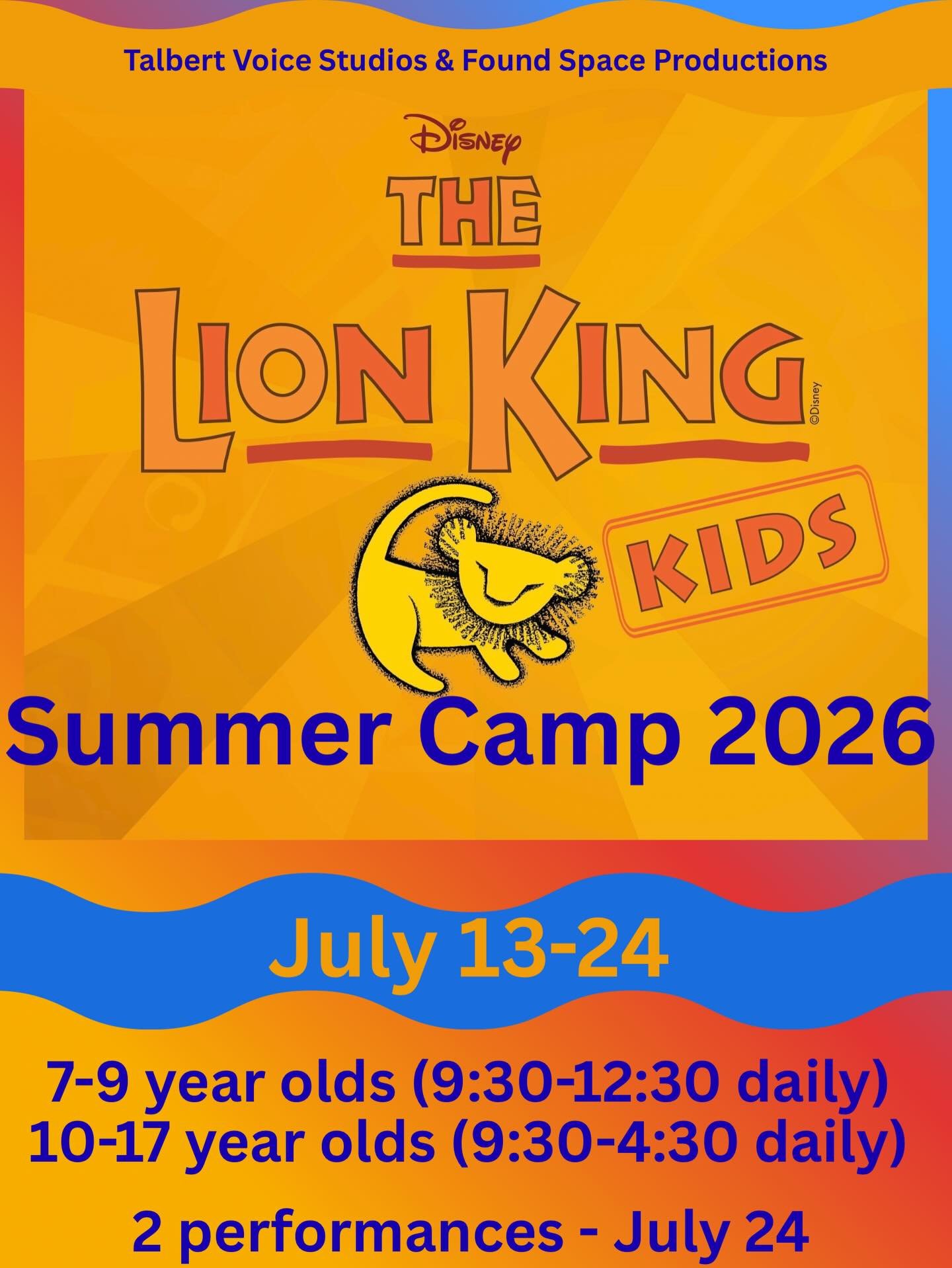 We are dreaming of our summer programs!

Our summer camps will run from July 13&ndash;24 with two performances of Lion King kids on July 24!

Campers will work with a director, music director, tech director, vocal coach, choreographer, theatre games 