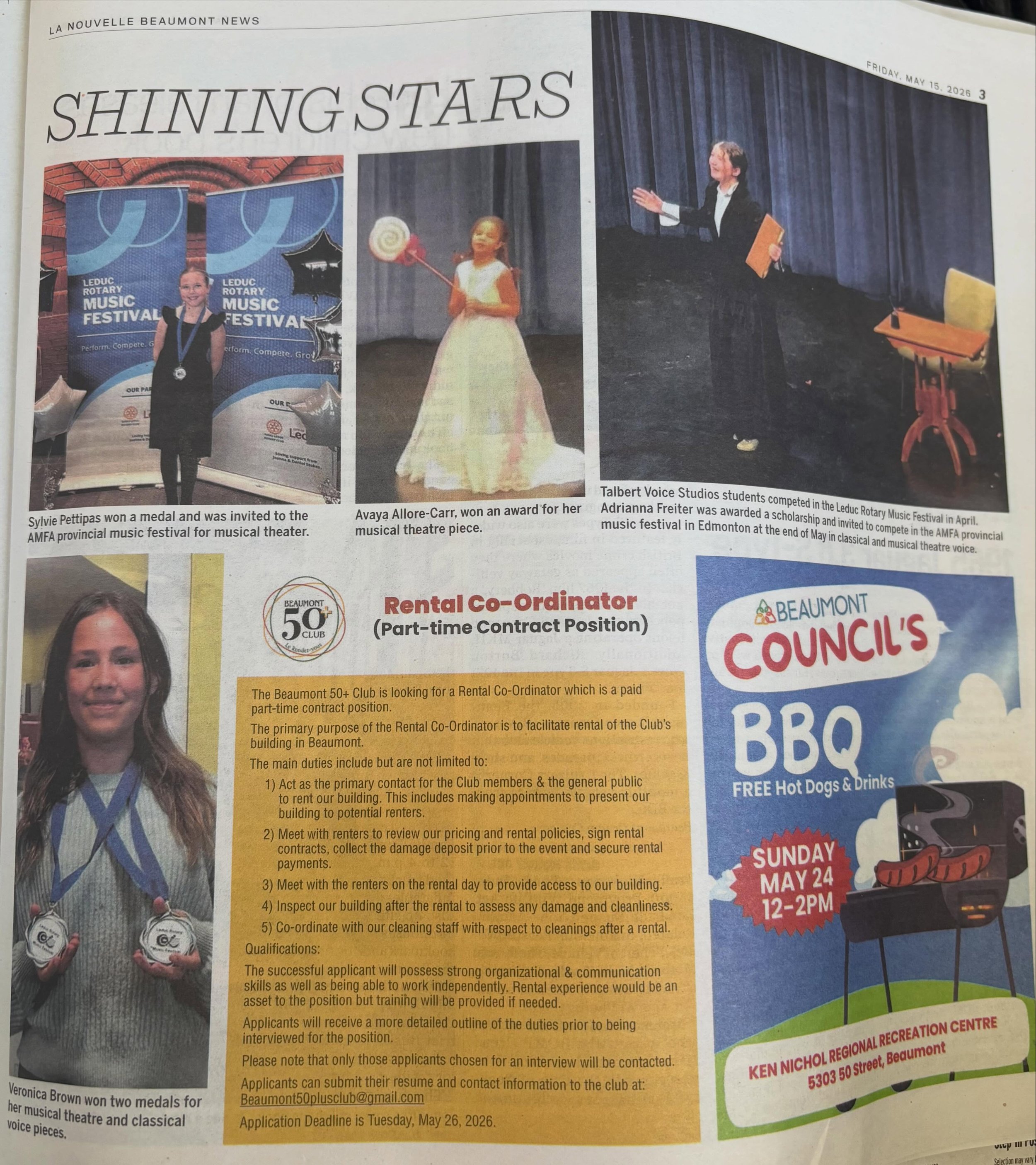 Studio singers featured in our local paper for winning awards &amp; scholarships, and for being invited to the provincial festival!