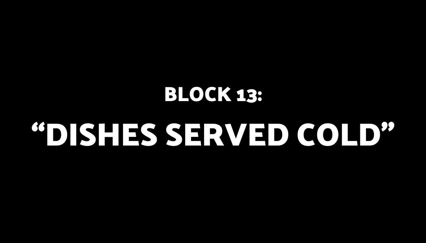 BLOCK 13: DISHES SERVED COLD
This block contains : 1) KINDERGARTEN ICE. d. Leah Shore. 2) MONSTER SLAYER d. Catie Skipp. 3) SO LONG, FAREWELL. d. Riki Lindhome, Elisabeth Caren 4) FENICE d. Sterling Hampton IV 5) AZI d. Montana Mann